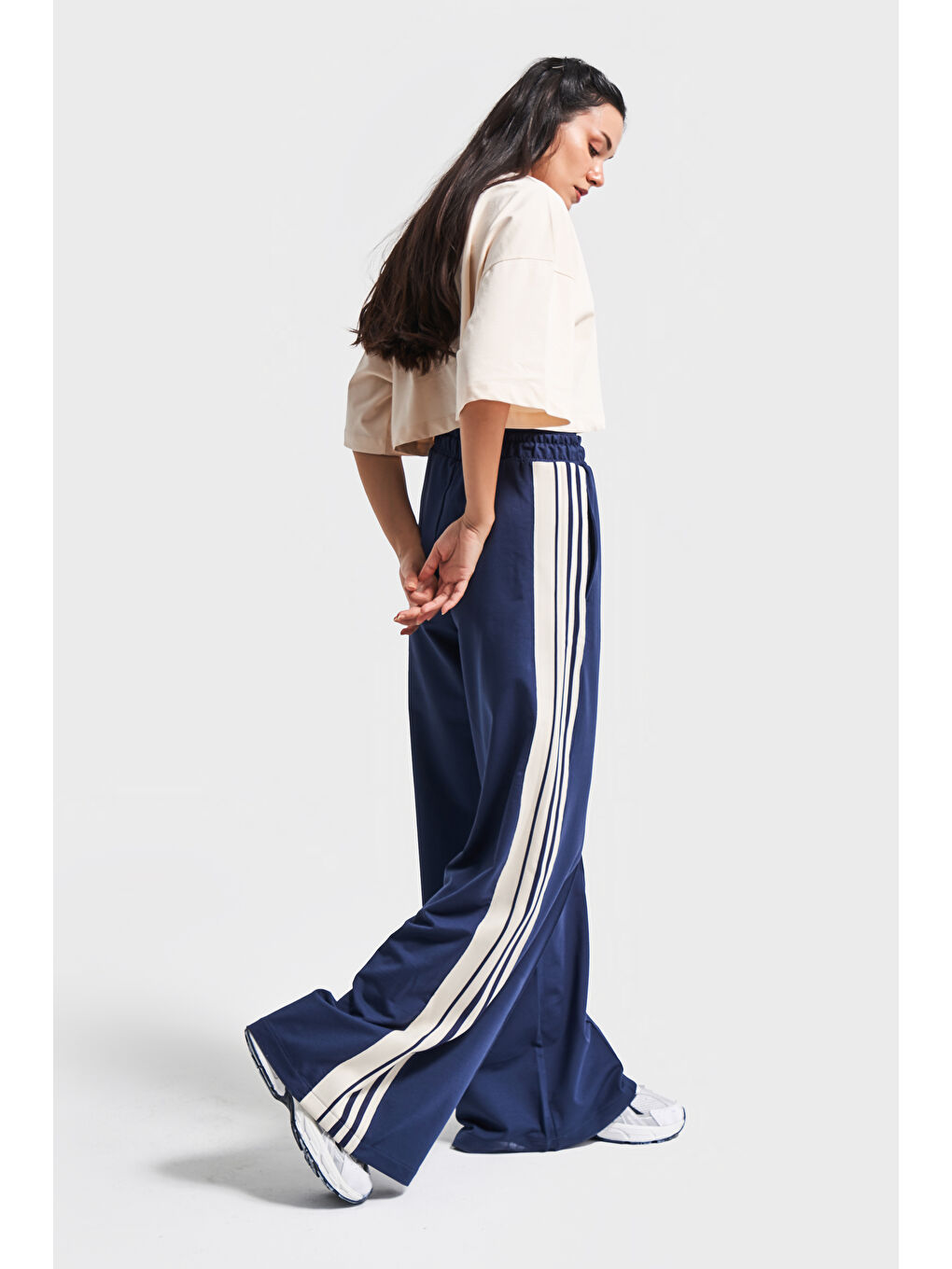 Kadın Koyu Mavi Bej Renk s5-56 Örme Kumaş Eşofman Oversize T-Shirt Fermuarlı Polar 3'lü Takım Kombin-1