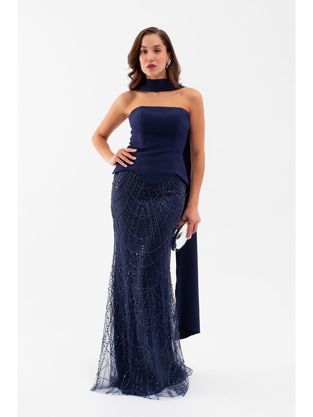 Kadın Lacivert Straplez Taşlı Uzun Balık Abiye-1