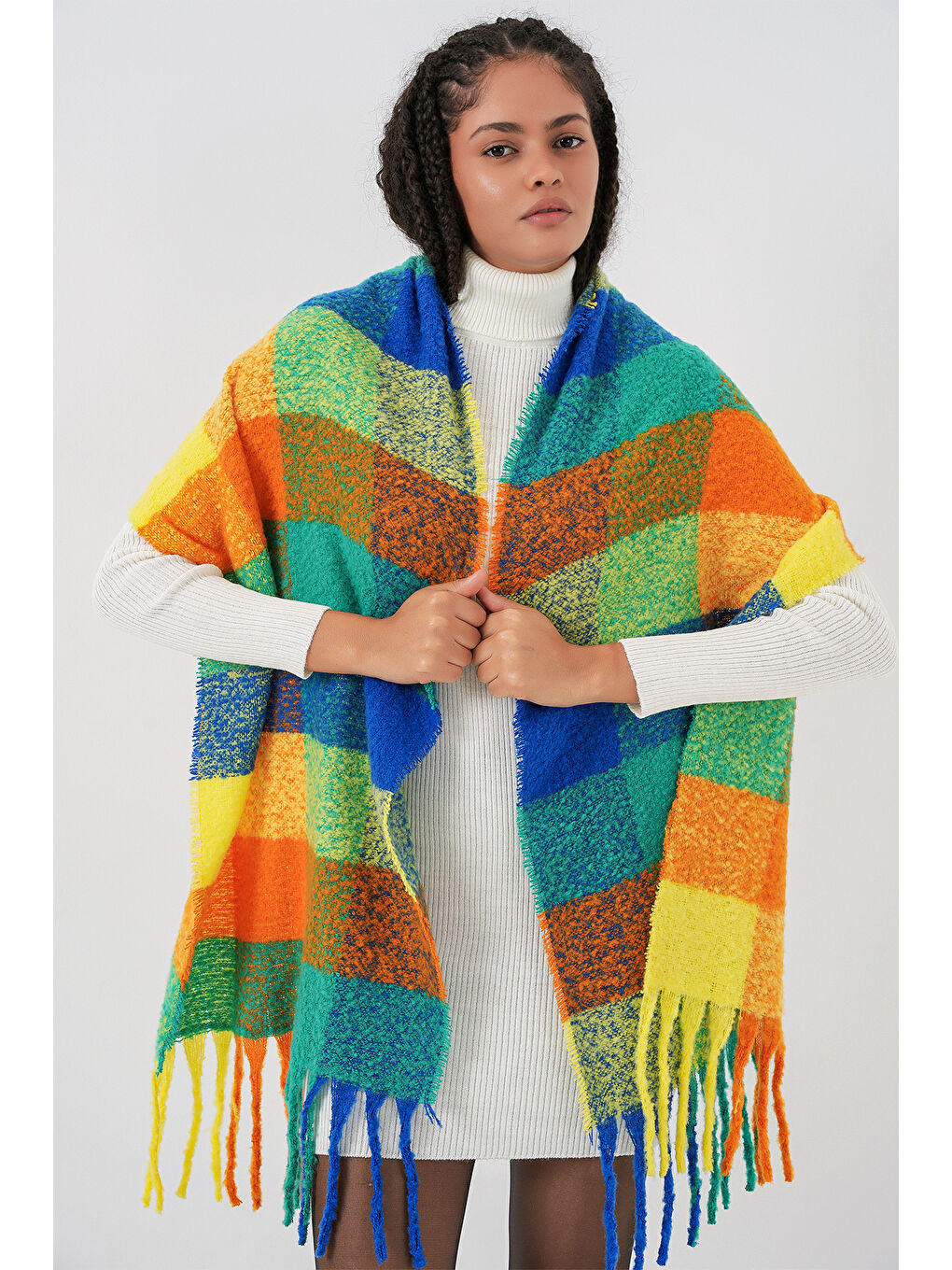 Kadın Yumuşak Dokulu Kalın Şal Atkı 15951 - Sarı-4