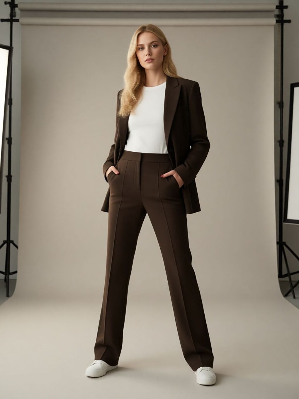 Kahverengi Kadın Kahve Elastanlı Düğmeli Palazzo Yüksek Bel Pantolon