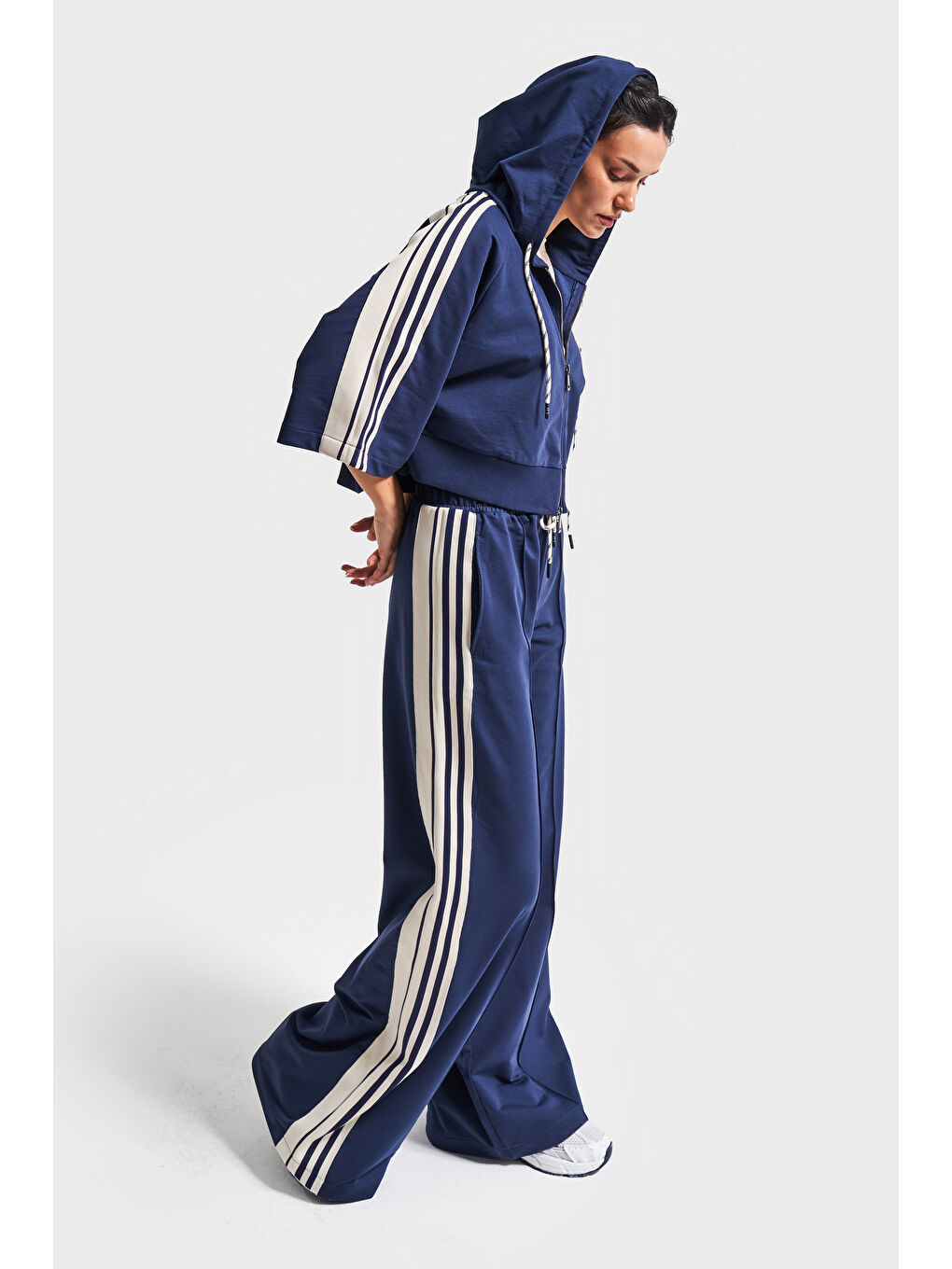 Kadın Koyu Mavi Bej Renk s5-56 Örme Kumaş Eşofman Oversize T-Shirt Fermuarlı Polar 3'lü Takım Kombin-2