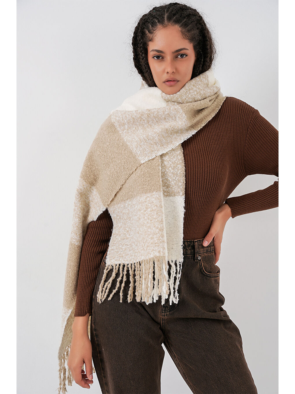 Bej Kadın Yumuşak Dokulu Kalın Şal Atkı 15951 - Vizon-1