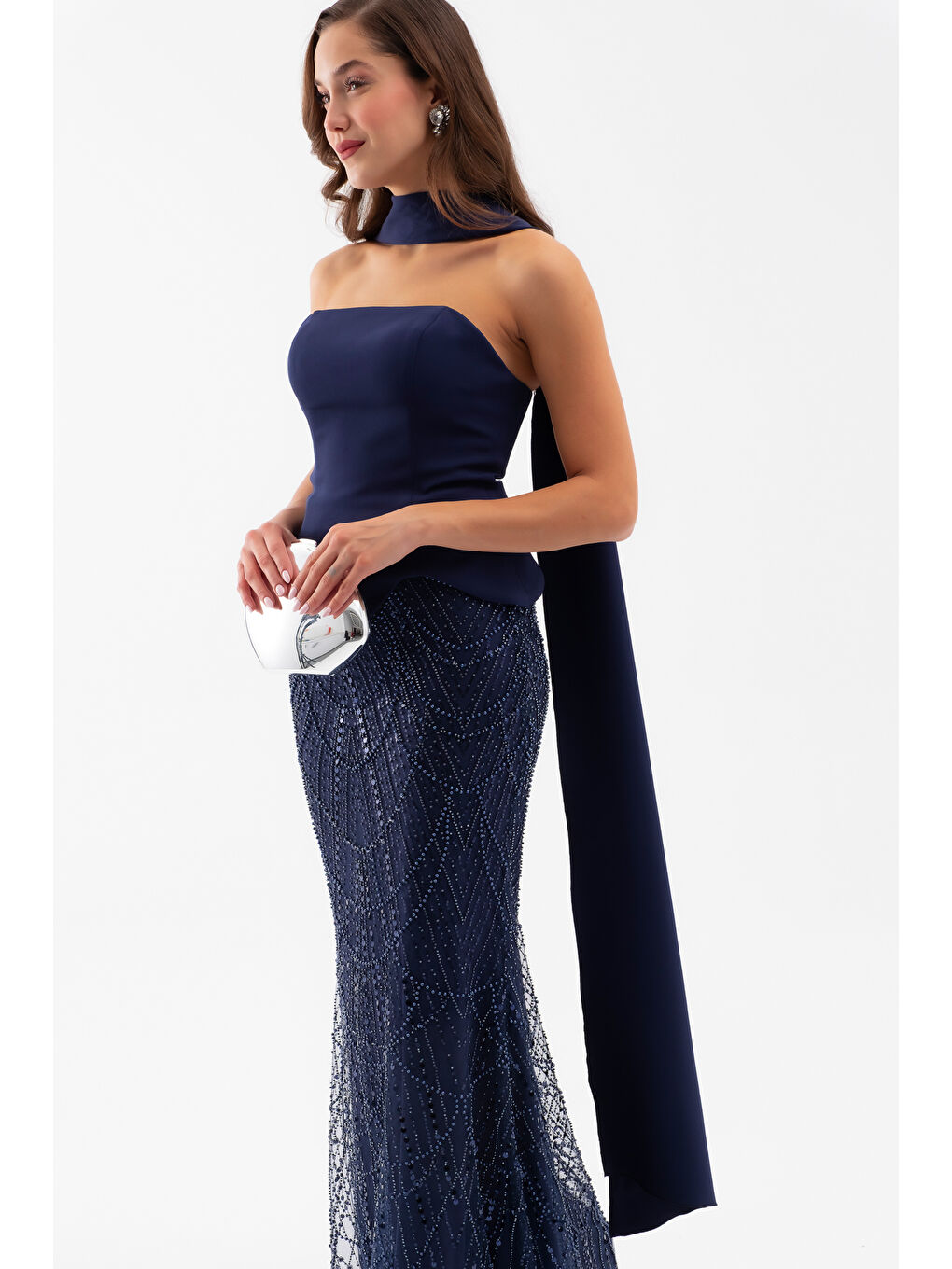 Kadın Lacivert Straplez Taşlı Uzun Balık Abiye-2