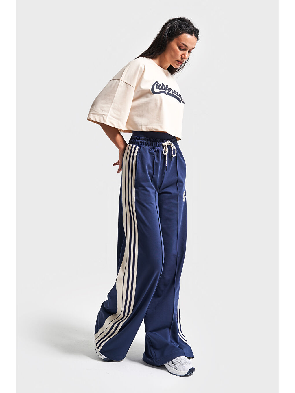 Kadın Koyu Mavi Bej Renk s5-56 Örme Kumaş Eşofman Oversize T-Shirt Fermuarlı Polar 3'lü Takım Kombin-3