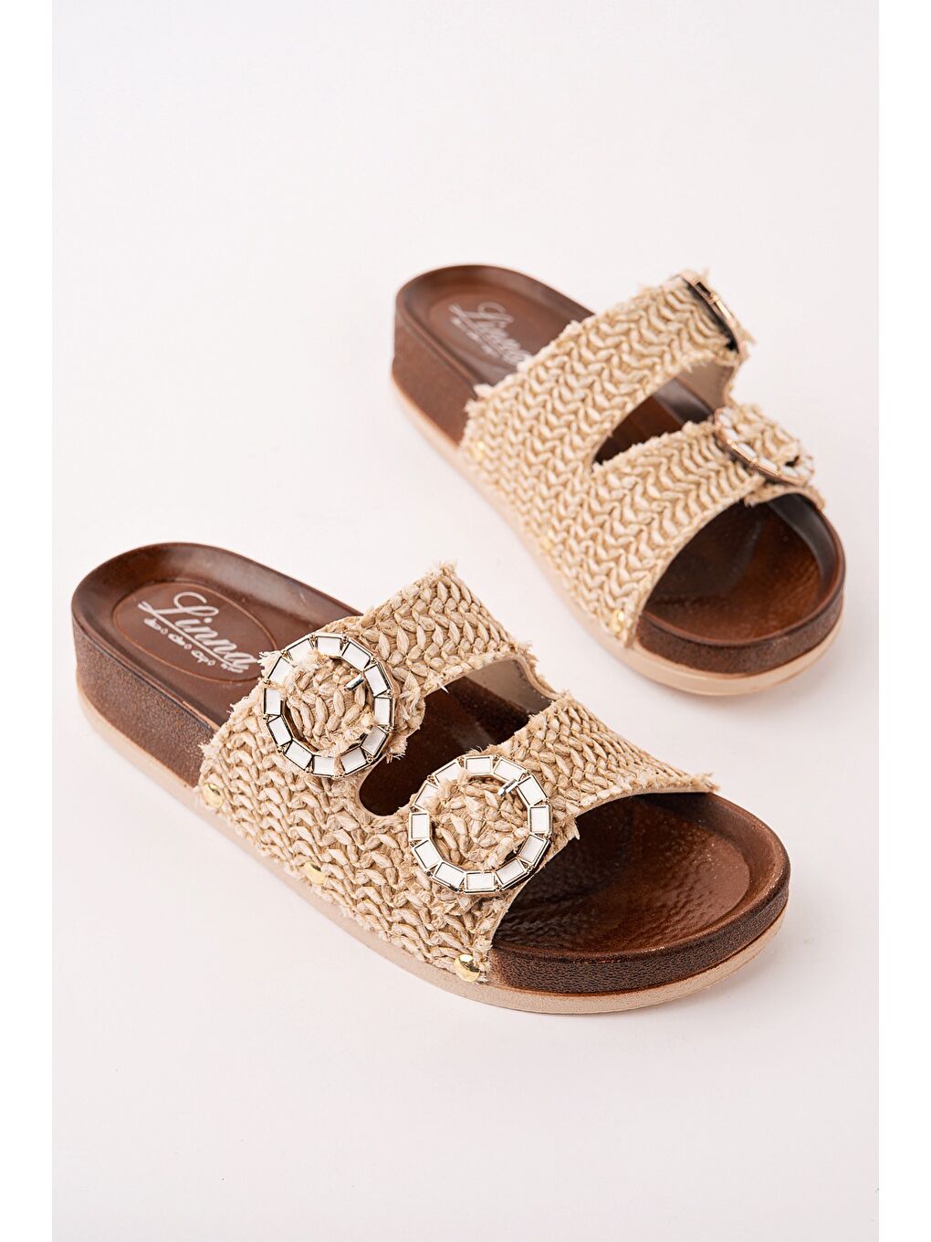 Bej BEFOR Desenli Çift Tokalı Günlük Kadın Terlik