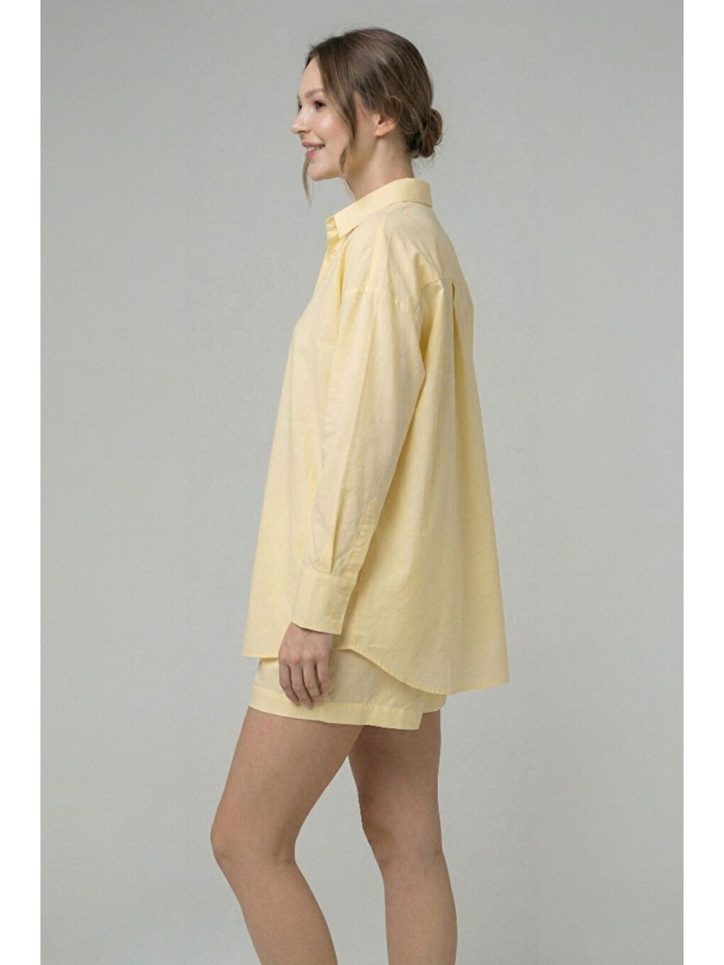 Sarı %100 Doğal Pamuk Oversize Tek Beden Poplin Gömlek-3