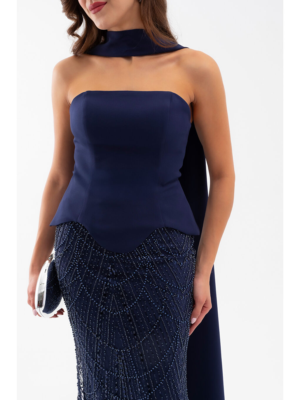 Kadın Lacivert Straplez Taşlı Uzun Balık Abiye-3