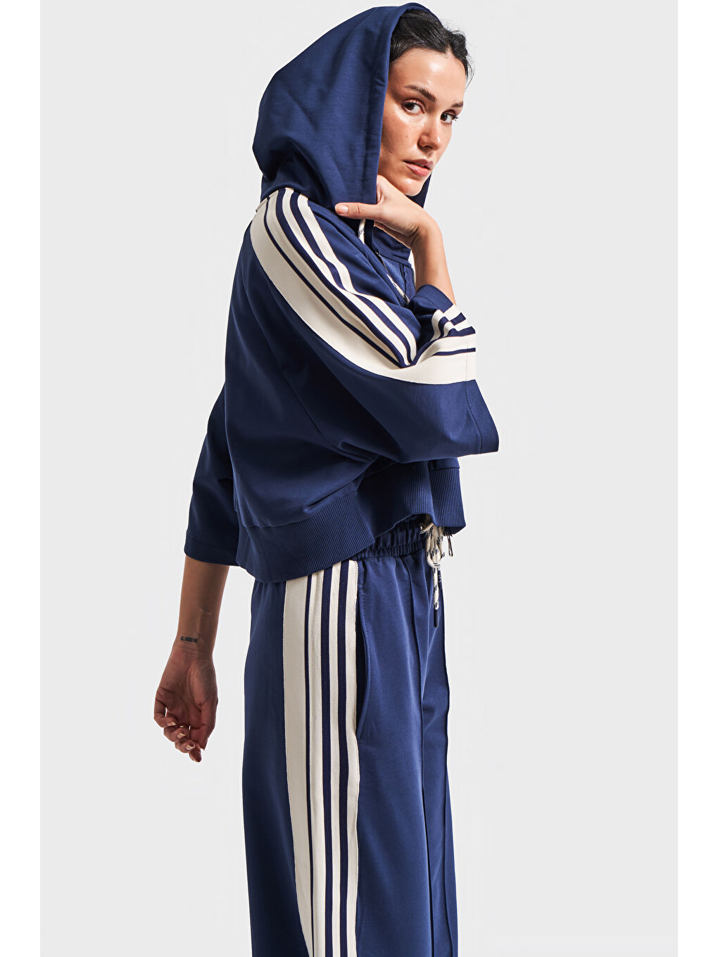 Kadın Koyu Mavi Bej Renk s5-56 Örme Kumaş Eşofman Oversize T-Shirt Fermuarlı Polar 3'lü Takım Kombin-4