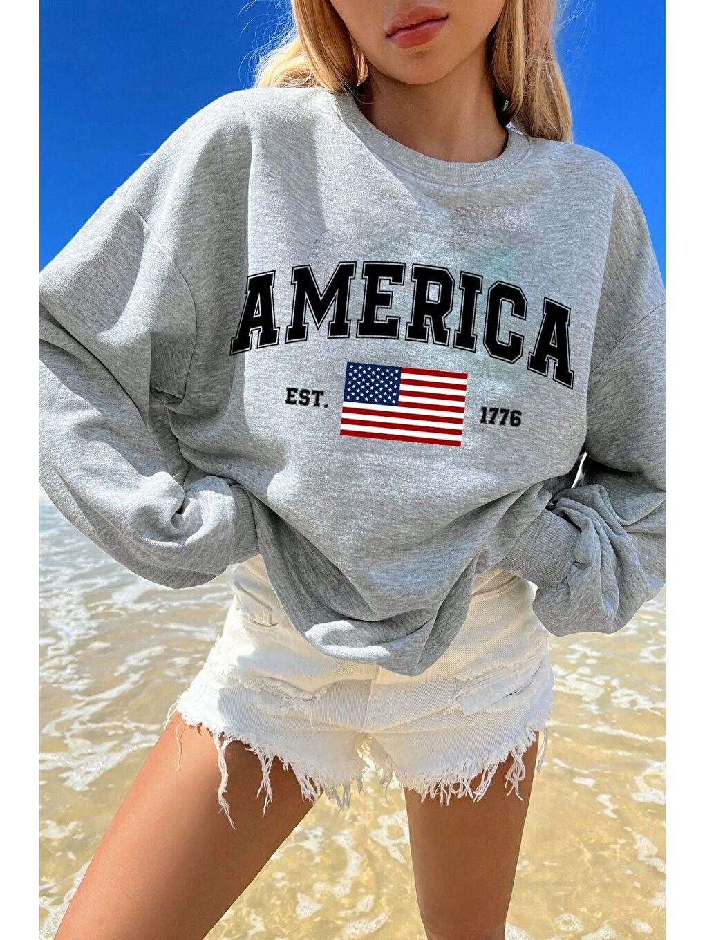 Gri America Baskılı Pamuklu Oversize Sweatshirt