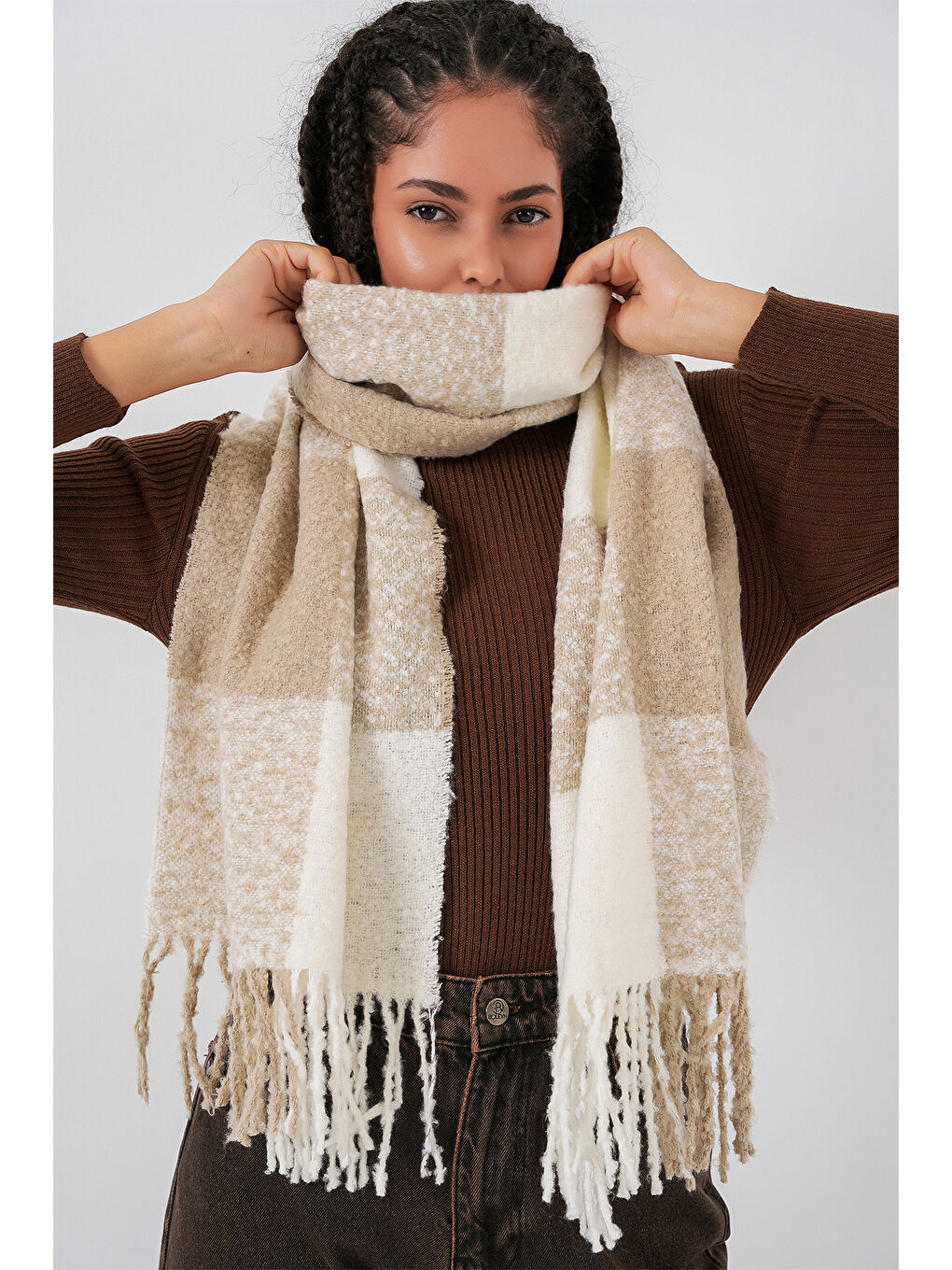 Bej Kadın Yumuşak Dokulu Kalın Şal Atkı 15951 - Vizon-2