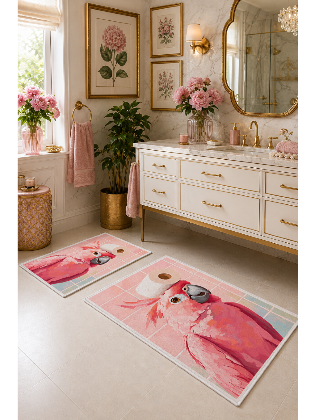 Pudra Pembe Flamingo Desenli Kaymaz Taban Banyo Paspası 2’li Set-5