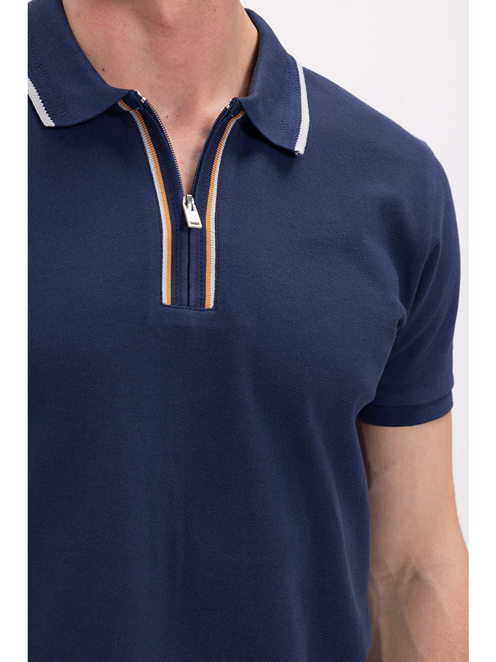Erkek Slim Fit Dar Kesim %100 Pamuk Kısa Kollu Yarım Fermuarlı Lacivert Polo Yaka Tişört-4