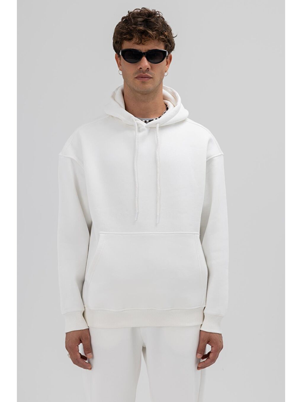 Basic Oversize Kapüşonlu Sweatshirt Ekru-1