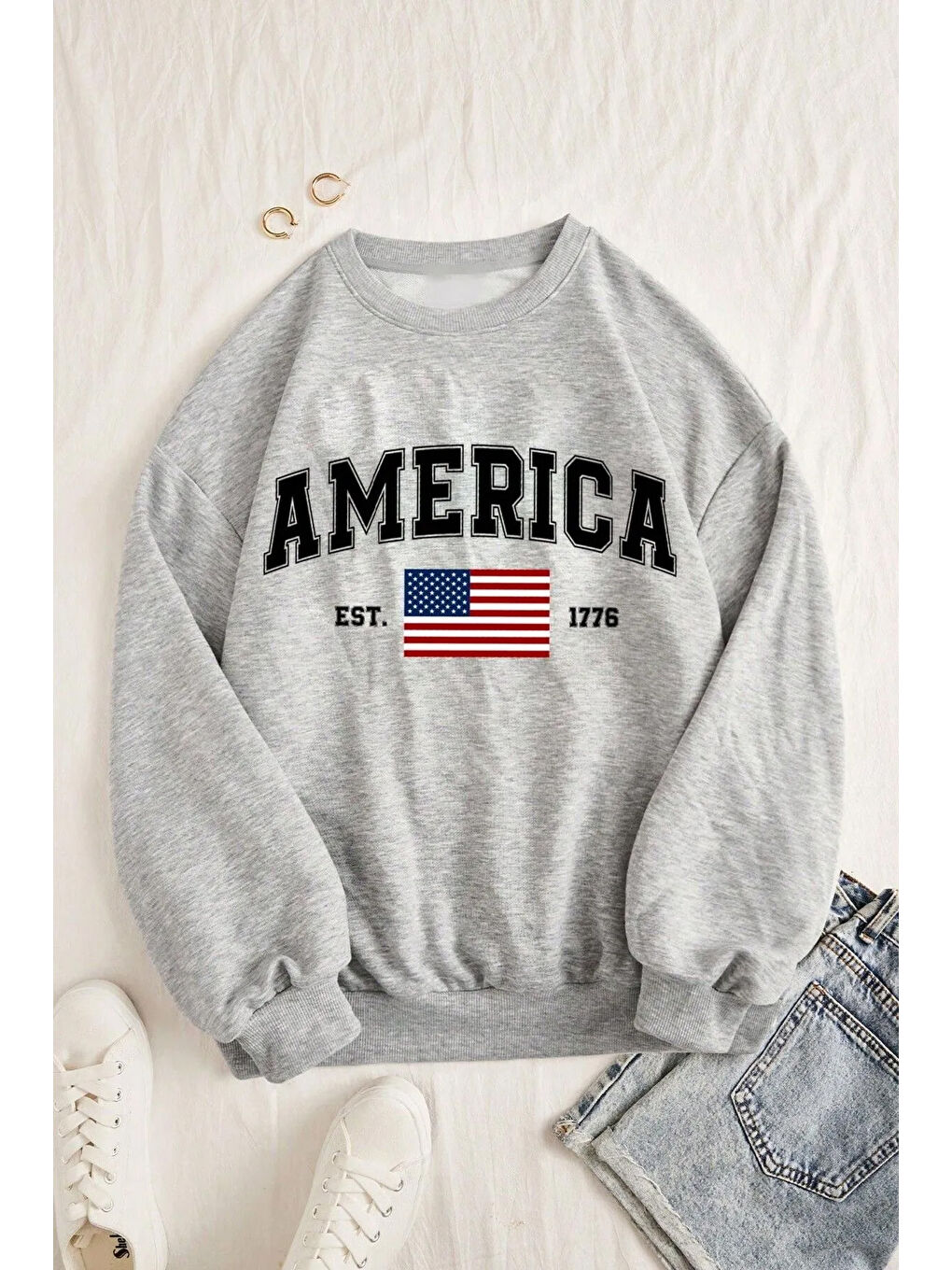 Gri America Baskılı Pamuklu Oversize Sweatshirt-1