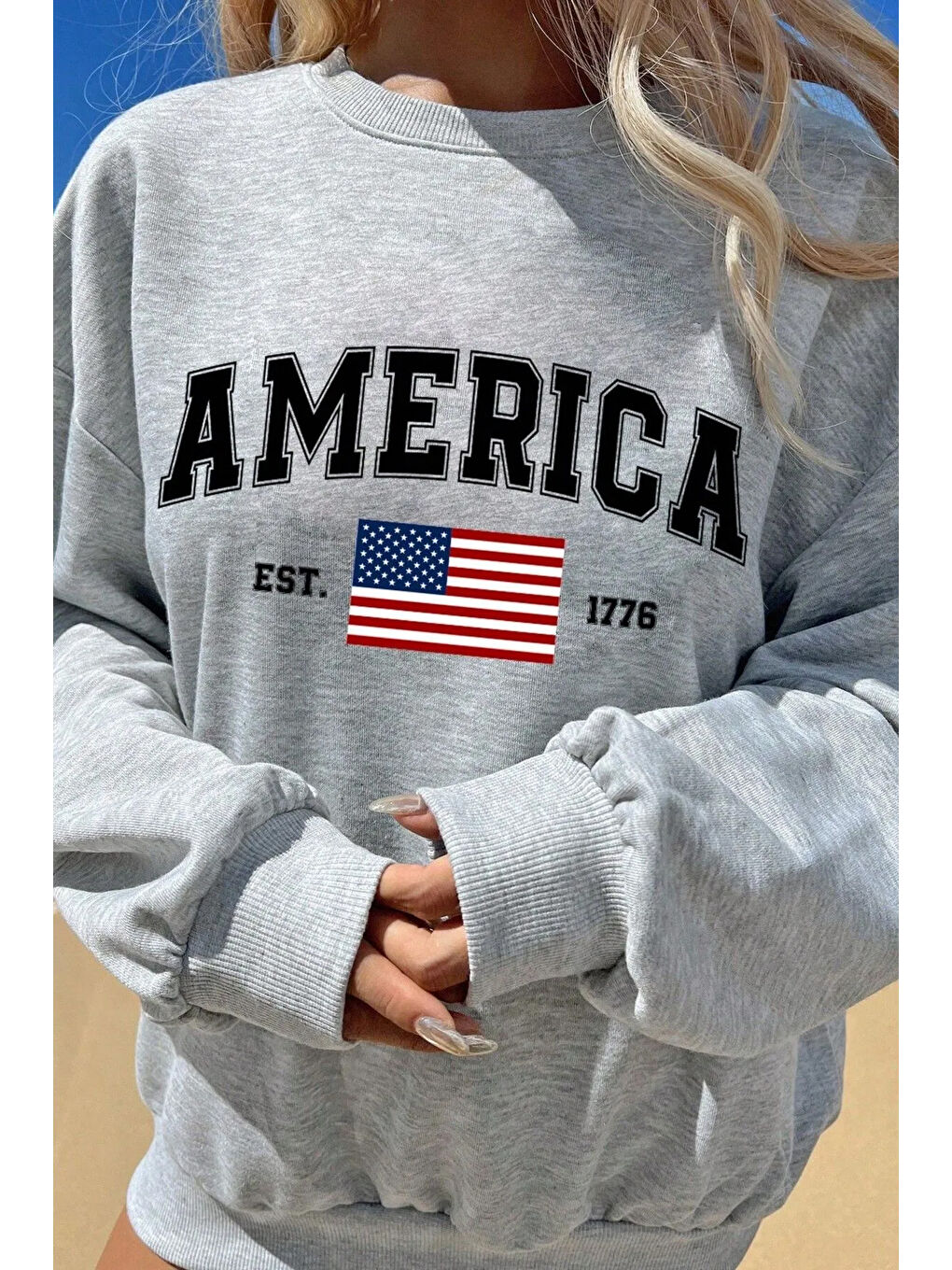Gri America Baskılı Pamuklu Oversize Sweatshirt-2