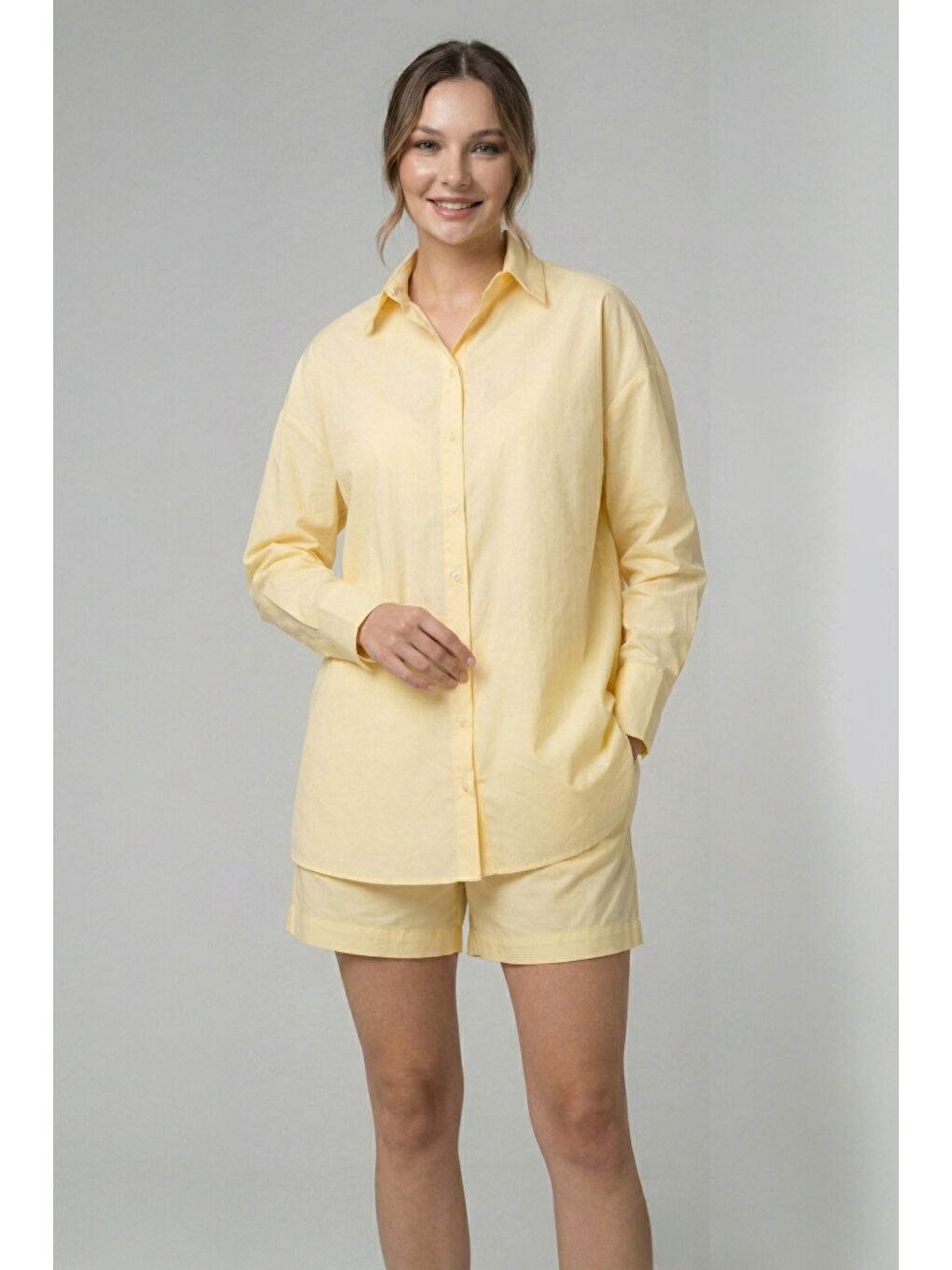 Sarı %100 Doğal Pamuk Oversize Tek Beden Poplin Gömlek-4