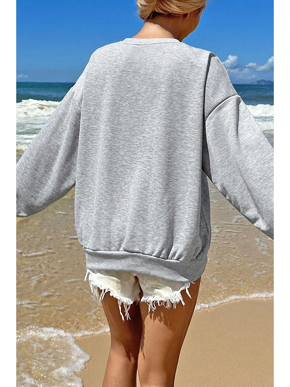 Gri America Baskılı Pamuklu Oversize Sweatshirt-3