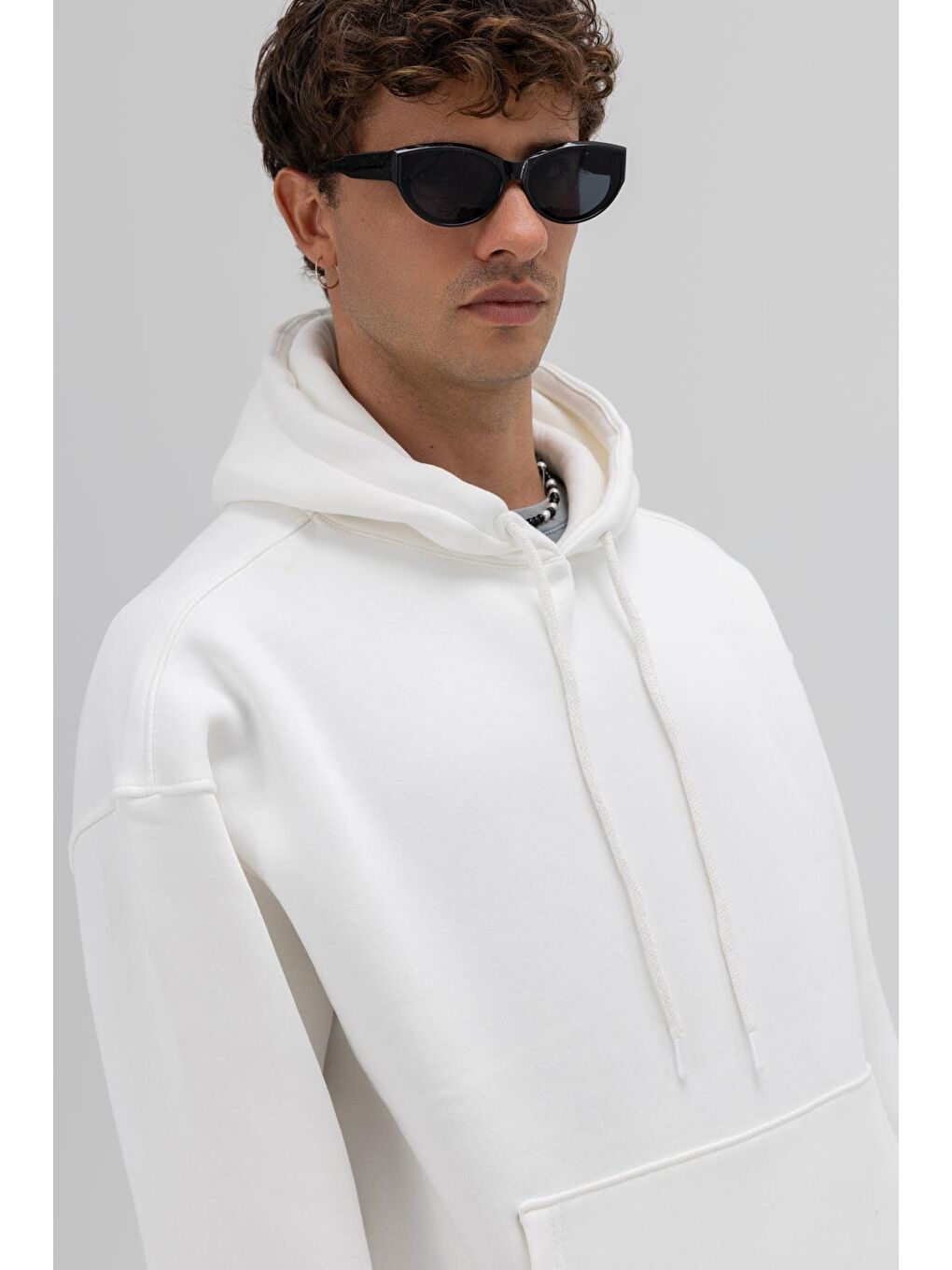 Basic Oversize Kapüşonlu Sweatshirt Ekru-3