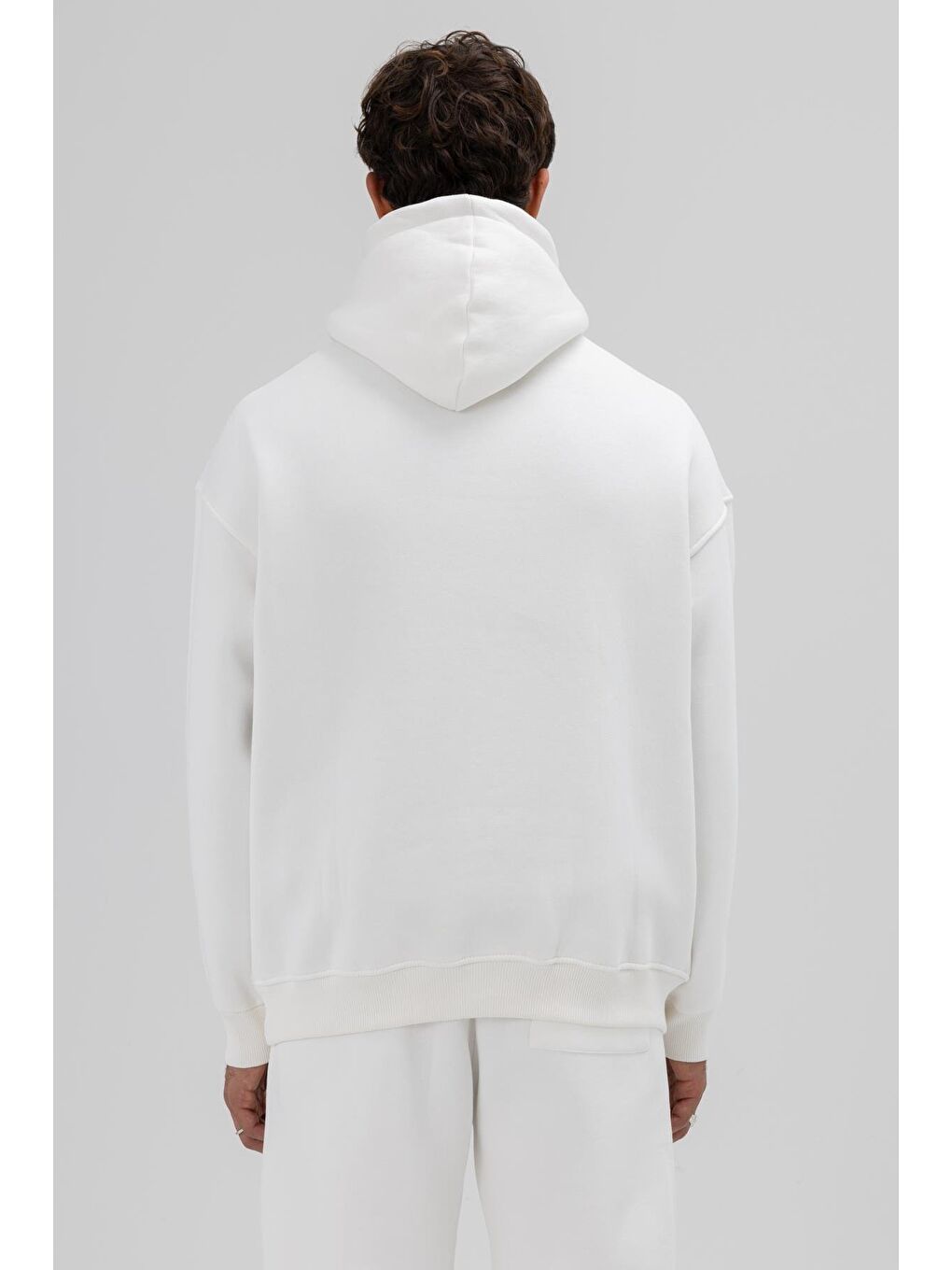 Basic Oversize Kapüşonlu Sweatshirt Ekru-4