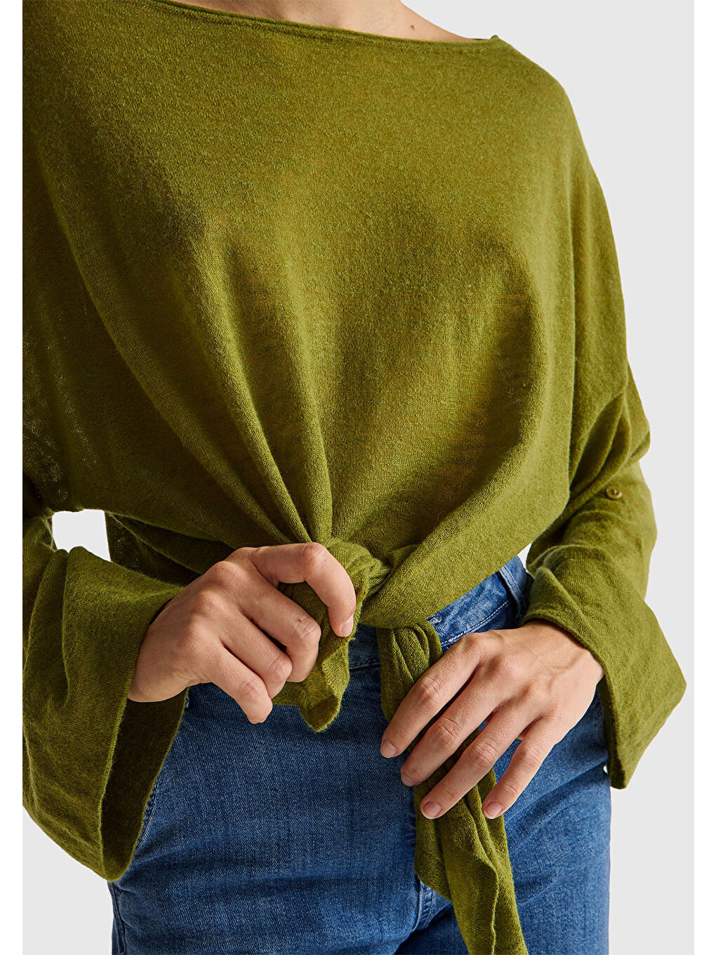 Kadın Haki Yeşili Alpaka ve Yün Karışımlı Düğme Detaylı Beli Bağlamalı Kazak-5