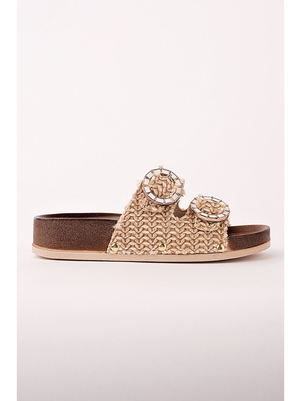 Bej BEFOR Desenli Çift Tokalı Günlük Kadın Terlik-1