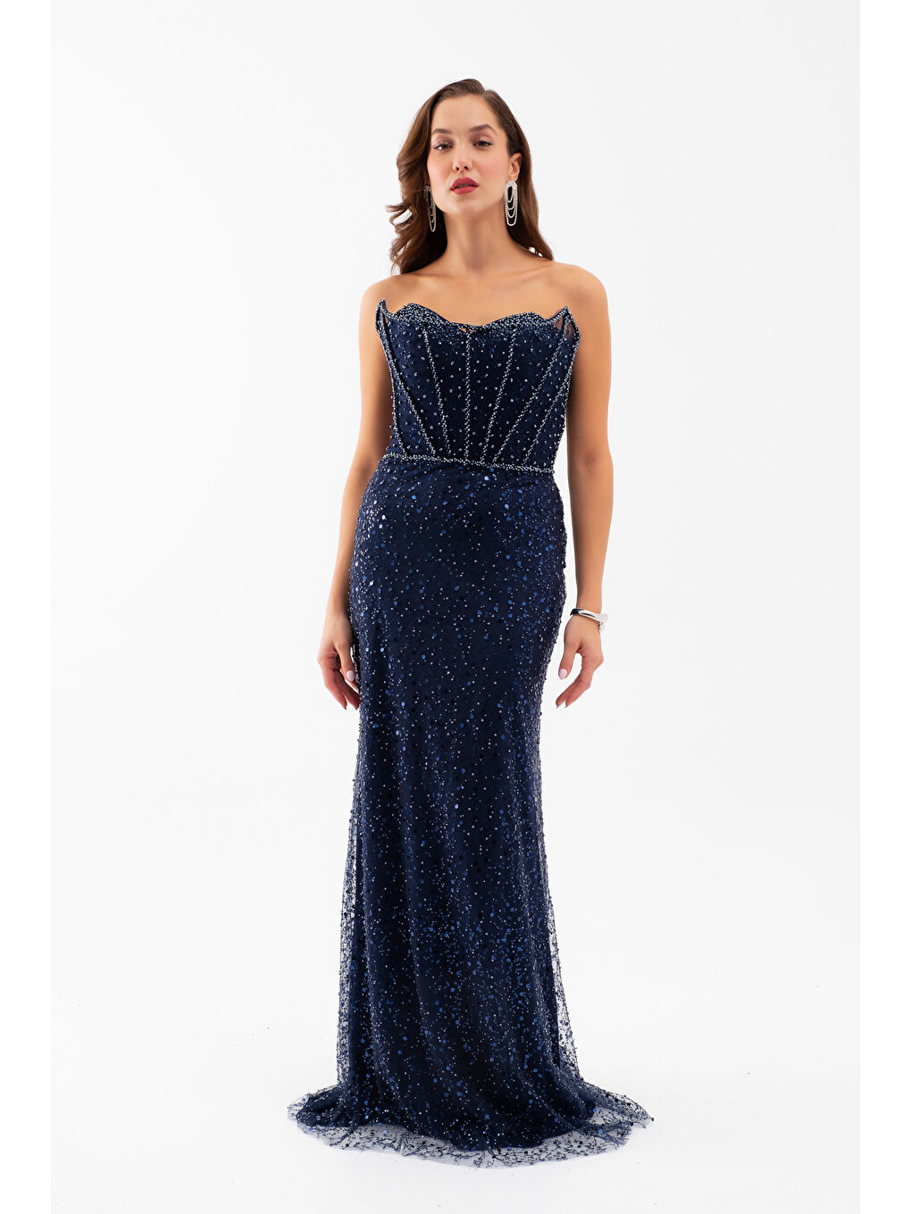 Kadın Lacivert Straplez Taşlı Balık Abiye Elbise-1