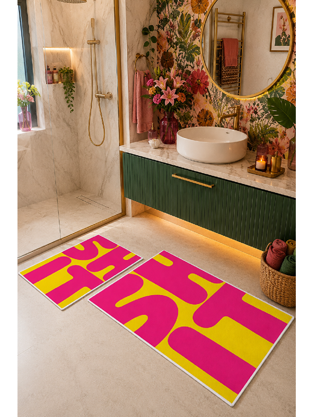 Neon Fuşya Sarı Soyut Tipografik Banyo Paspası 2’li Set-3