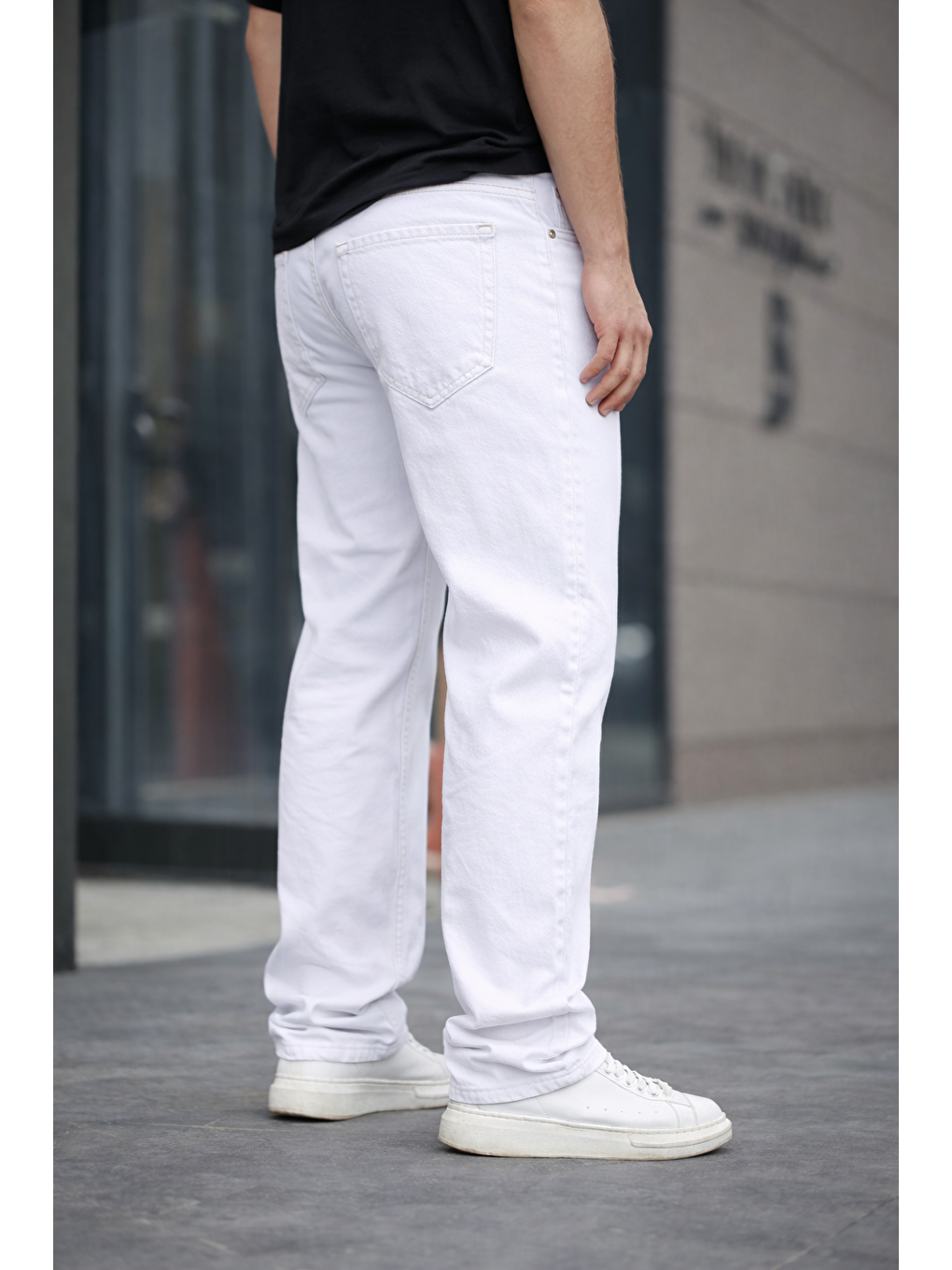 Erkek Bol Paça Basic Yüksek Bel Beyaz Baggy Pantolon-2