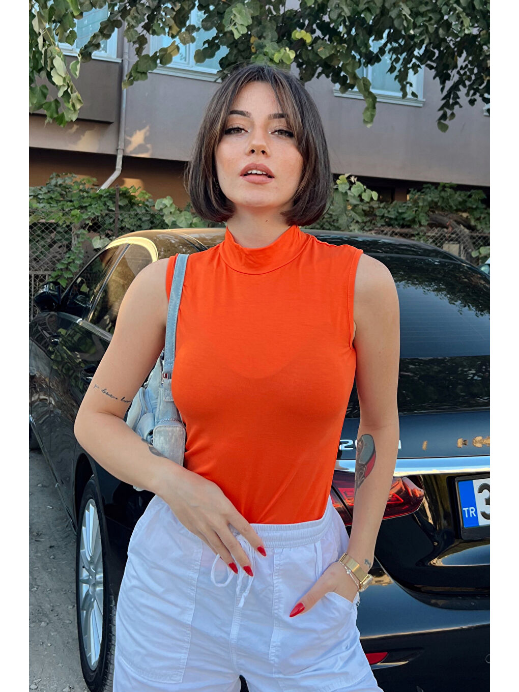 Kadın Turuncu Kolsuz Bluz-0