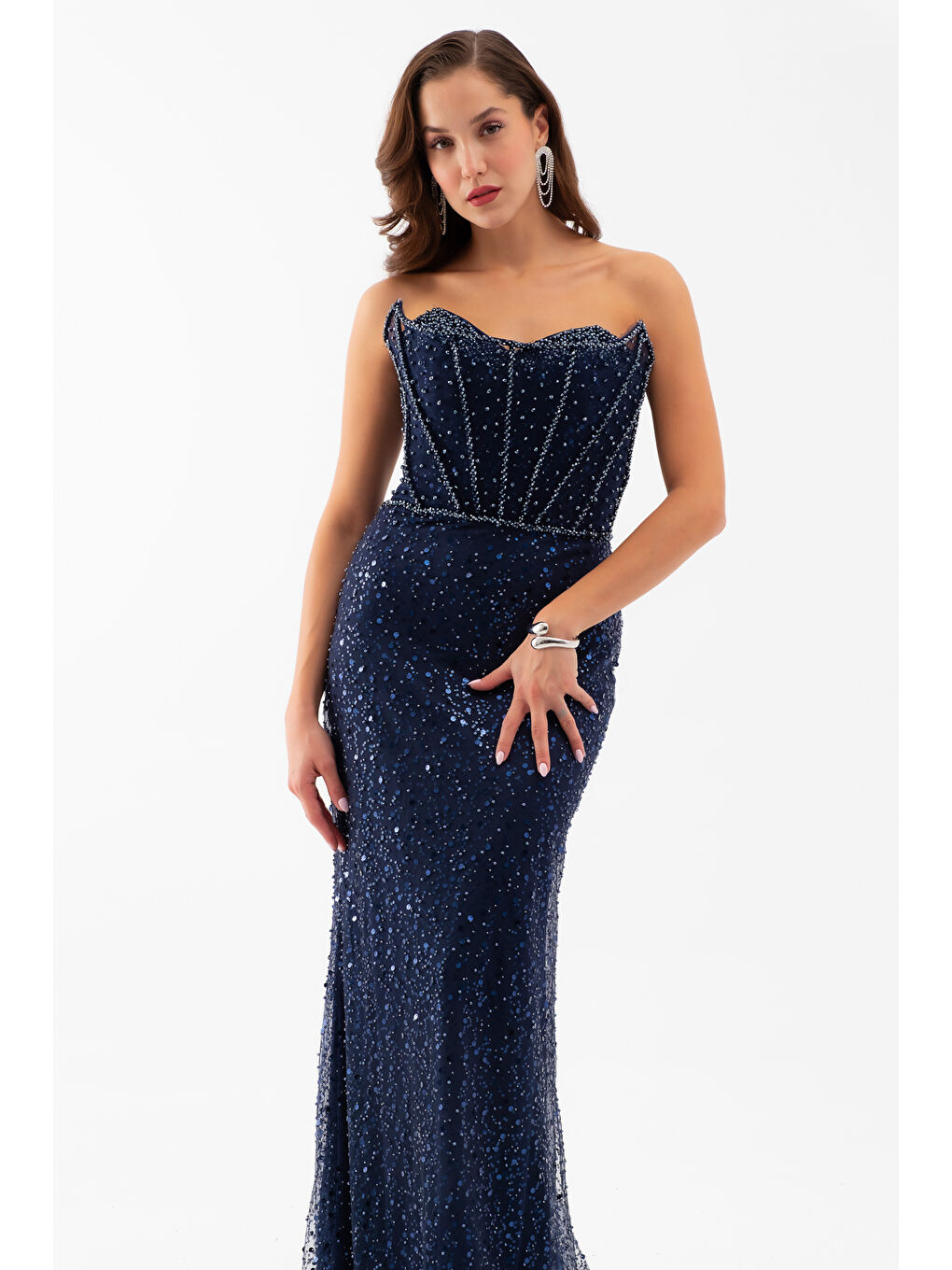 Kadın Lacivert Straplez Taşlı Balık Abiye Elbise-2