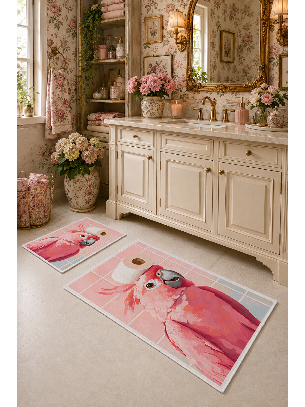 Pudra Pembe Flamingo Desenli Kaymaz Taban Banyo Paspası 2’li Set-6