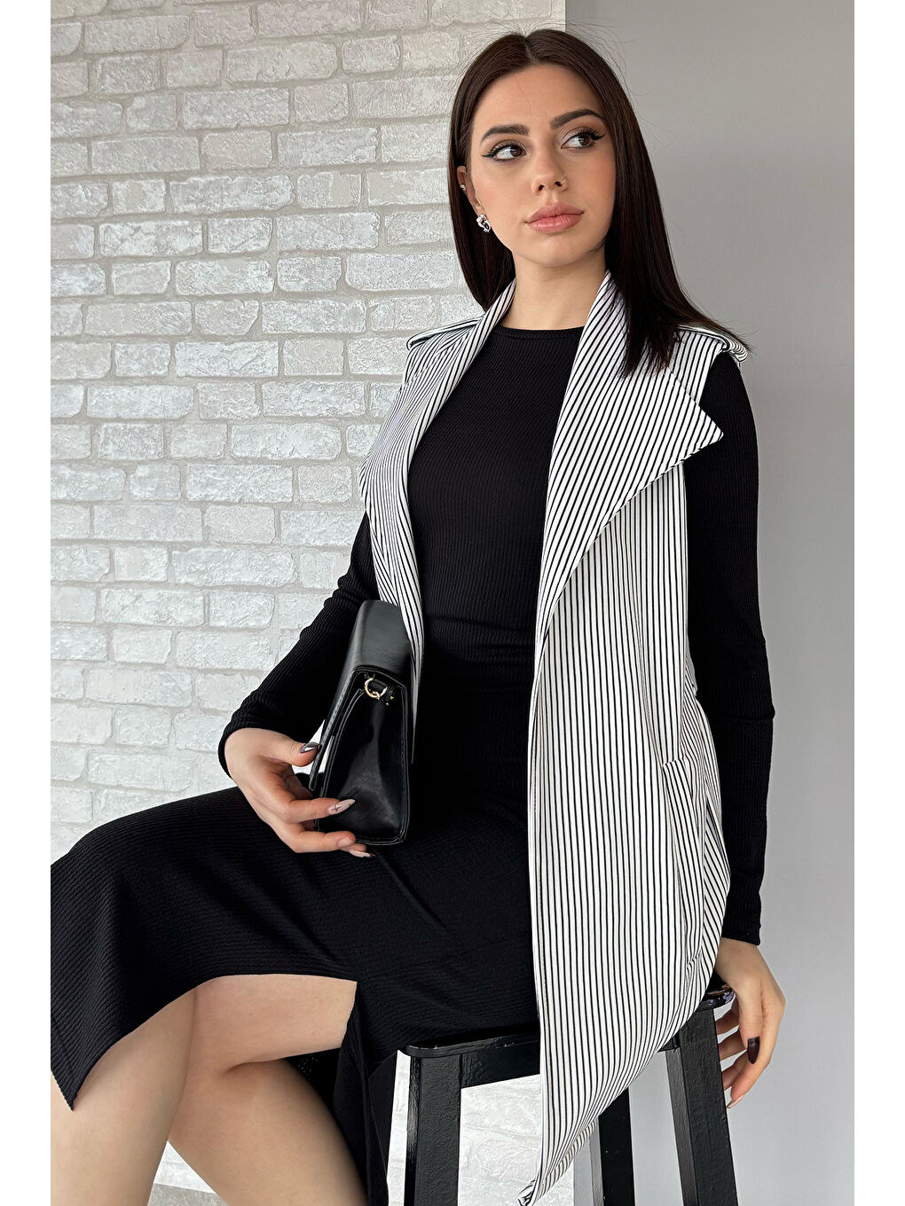 Beyaz Kadın Çizgili Omuz Apoletli Bel Kuşaklı Yelek-1