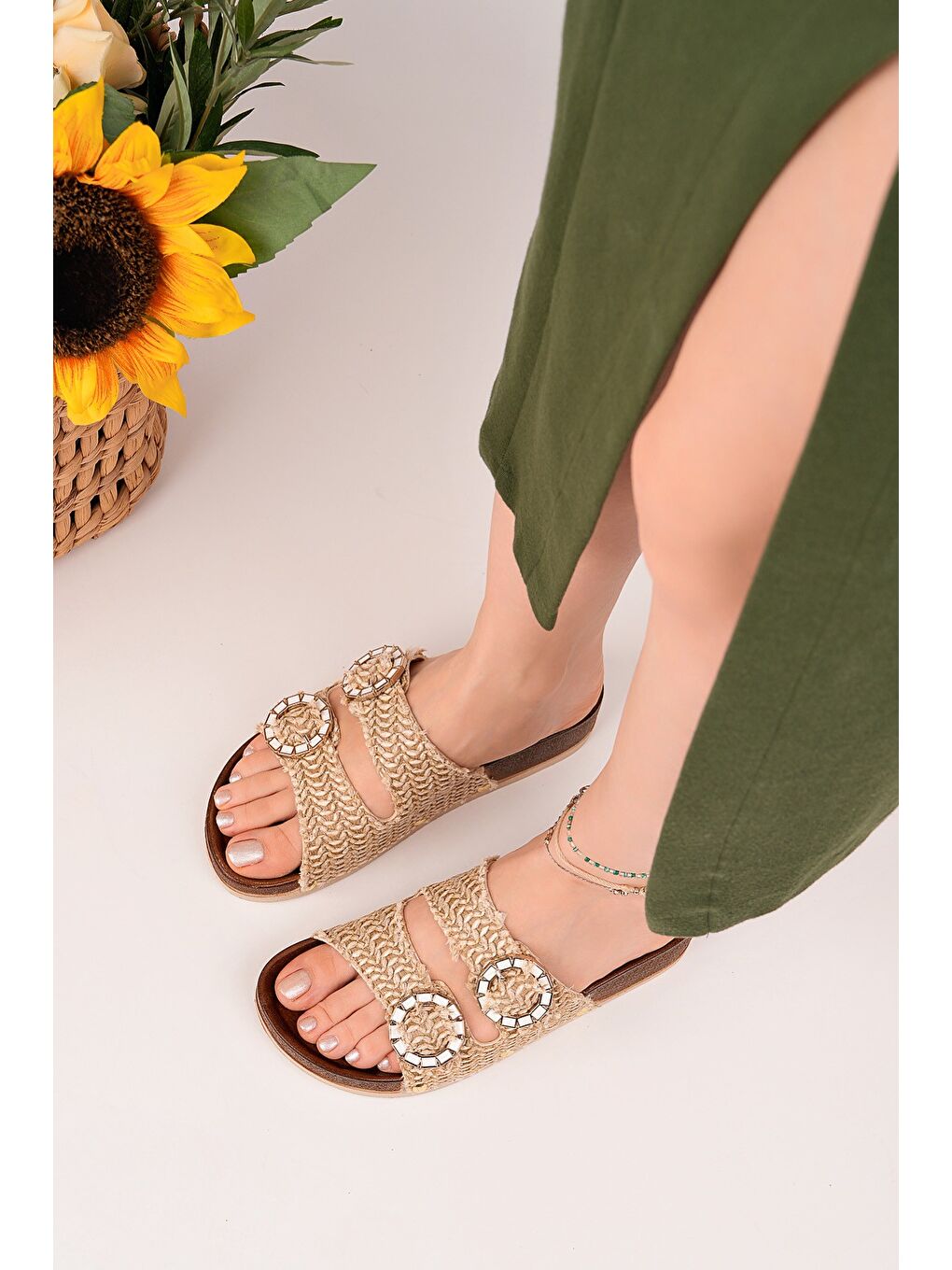 Bej BEFOR Desenli Çift Tokalı Günlük Kadın Terlik-2