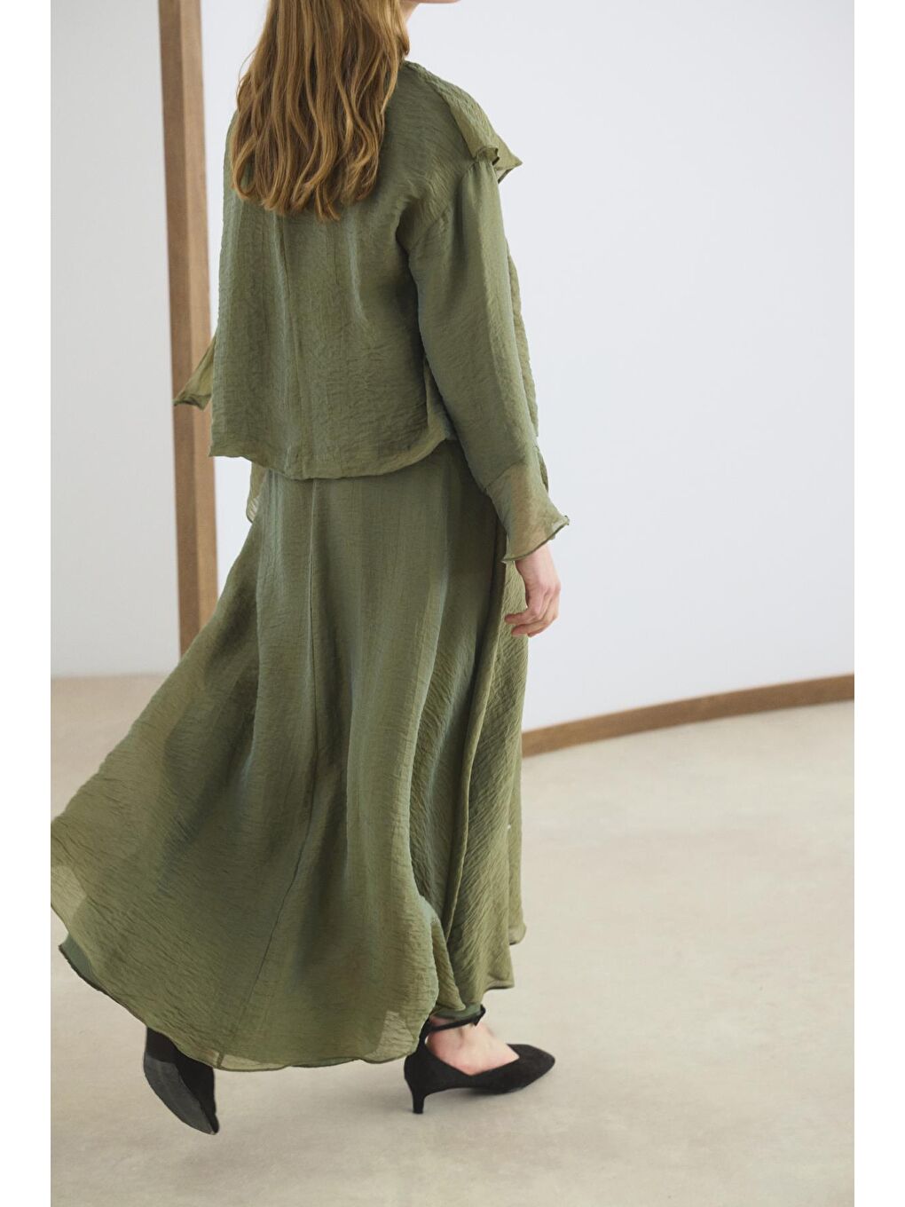 Yeşil Şal Yaka Gömlek Etek Takım Zeytin-6
