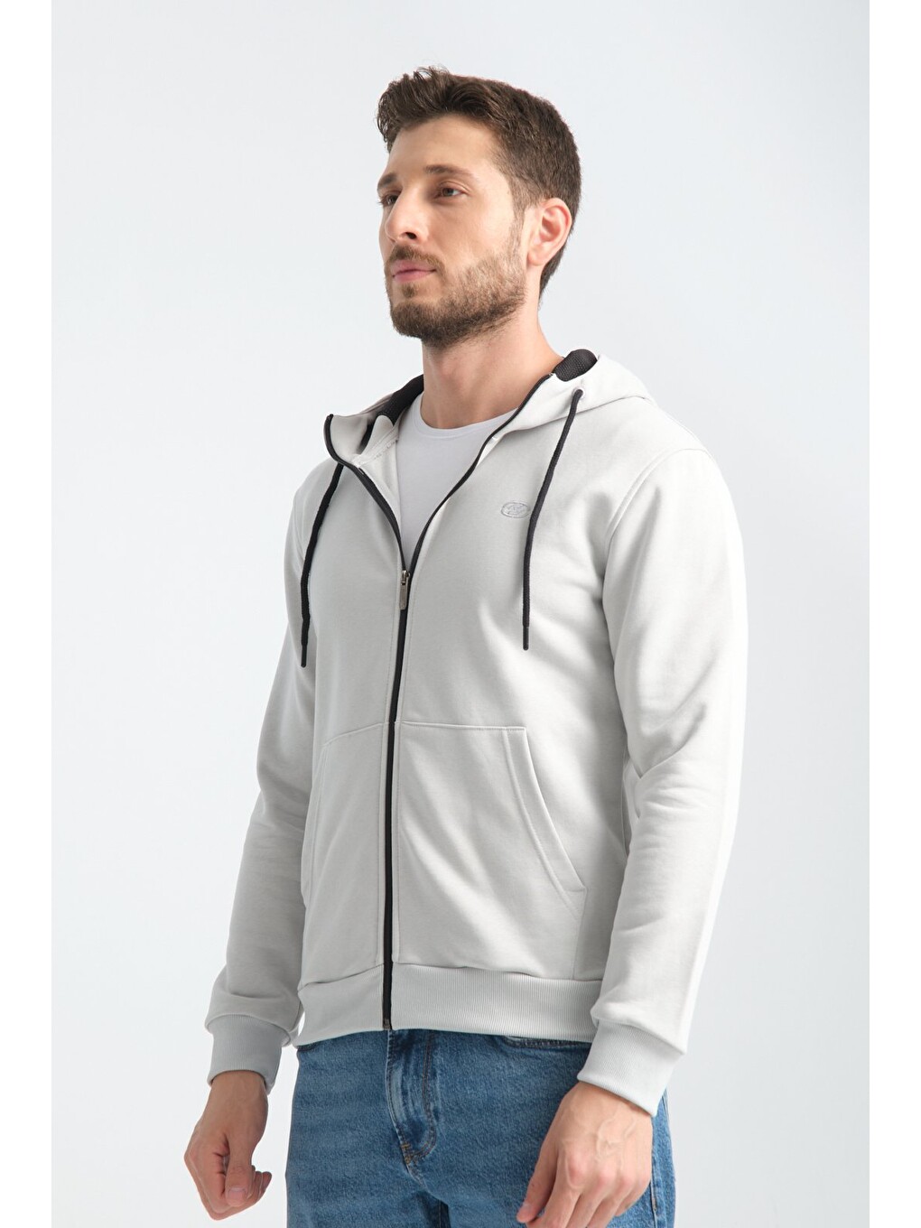 Bej Taş Erkek Üç İplik Şardonsuz Fermuarlı Kapüşonlu Sweatshirt-1