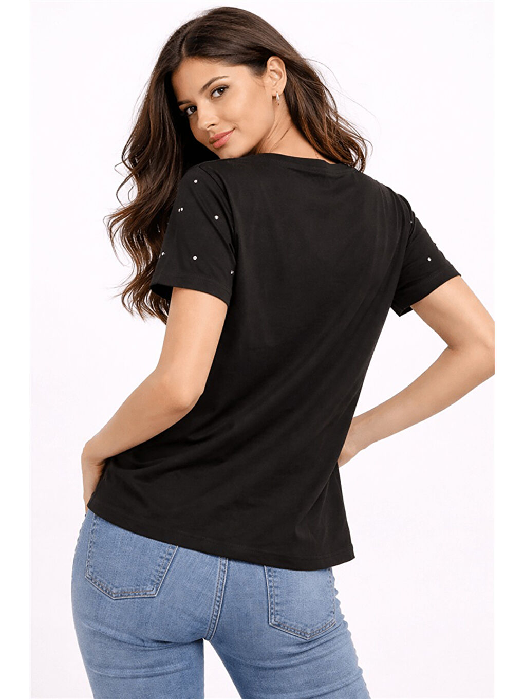 Siyah % 100 Pamuk Taş Detaylı Bisiklet Yaka Kadın Bluz 26Y0104K1-2