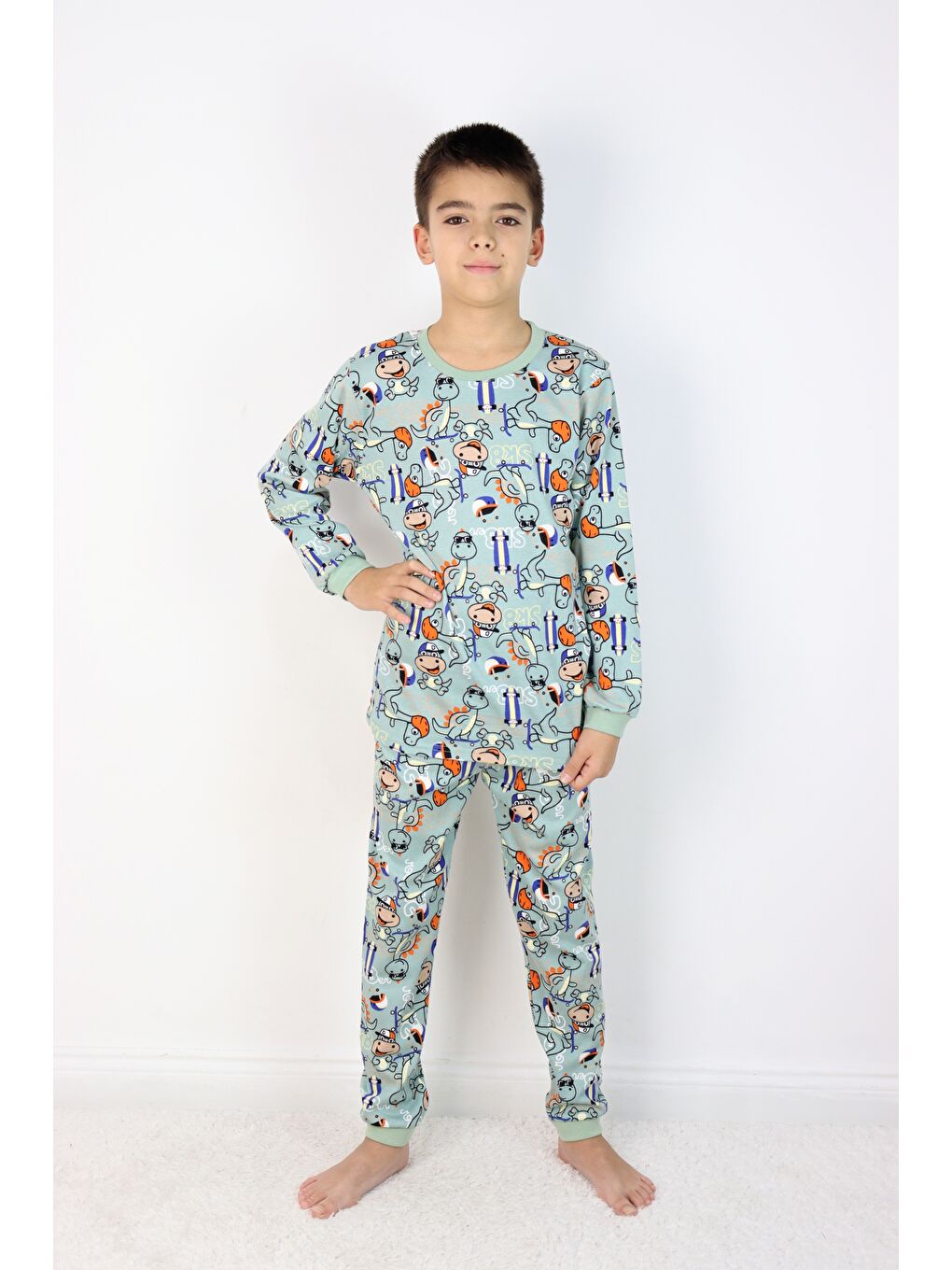 Yeşil Erkek Çocuk Baskılı interlok Kumaş Uzun Kollu Pijama Takımı-2