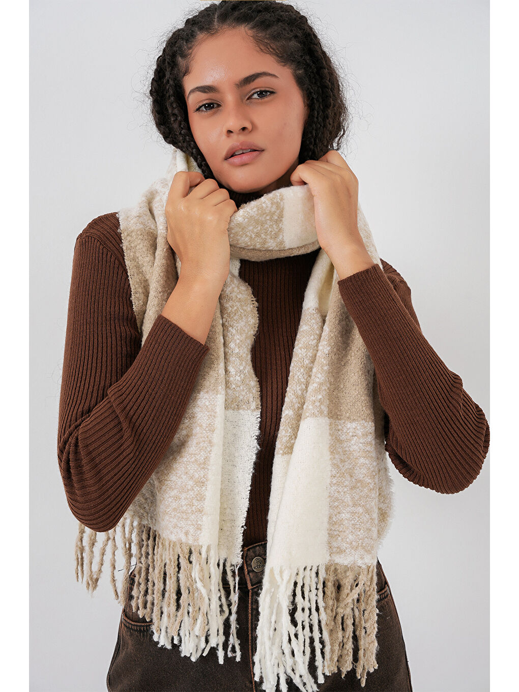 Bej Kadın Yumuşak Dokulu Kalın Şal Atkı 15951 - Vizon-4