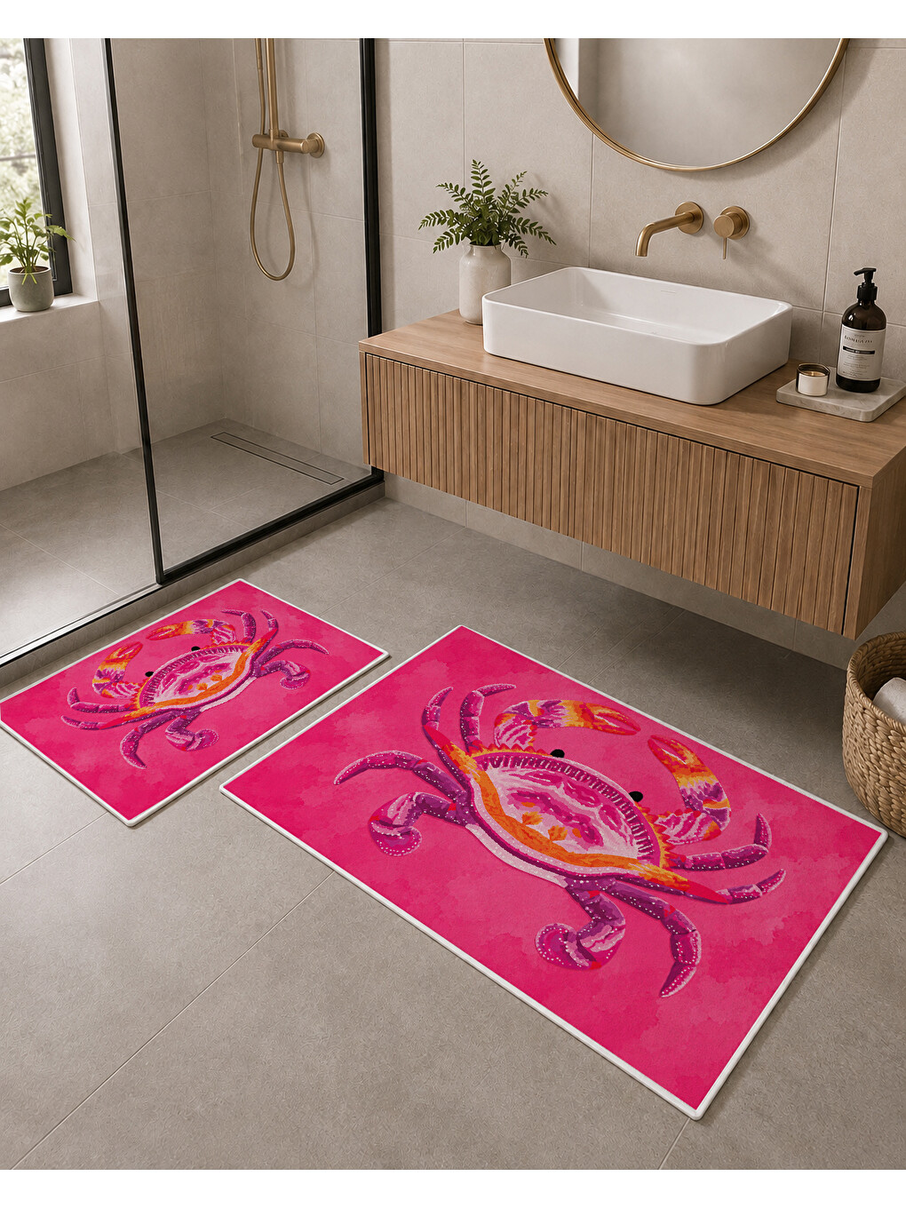 Fuşya Yengeç Desenli Kaymaz Taban Banyo Paspası 2’li Set-2