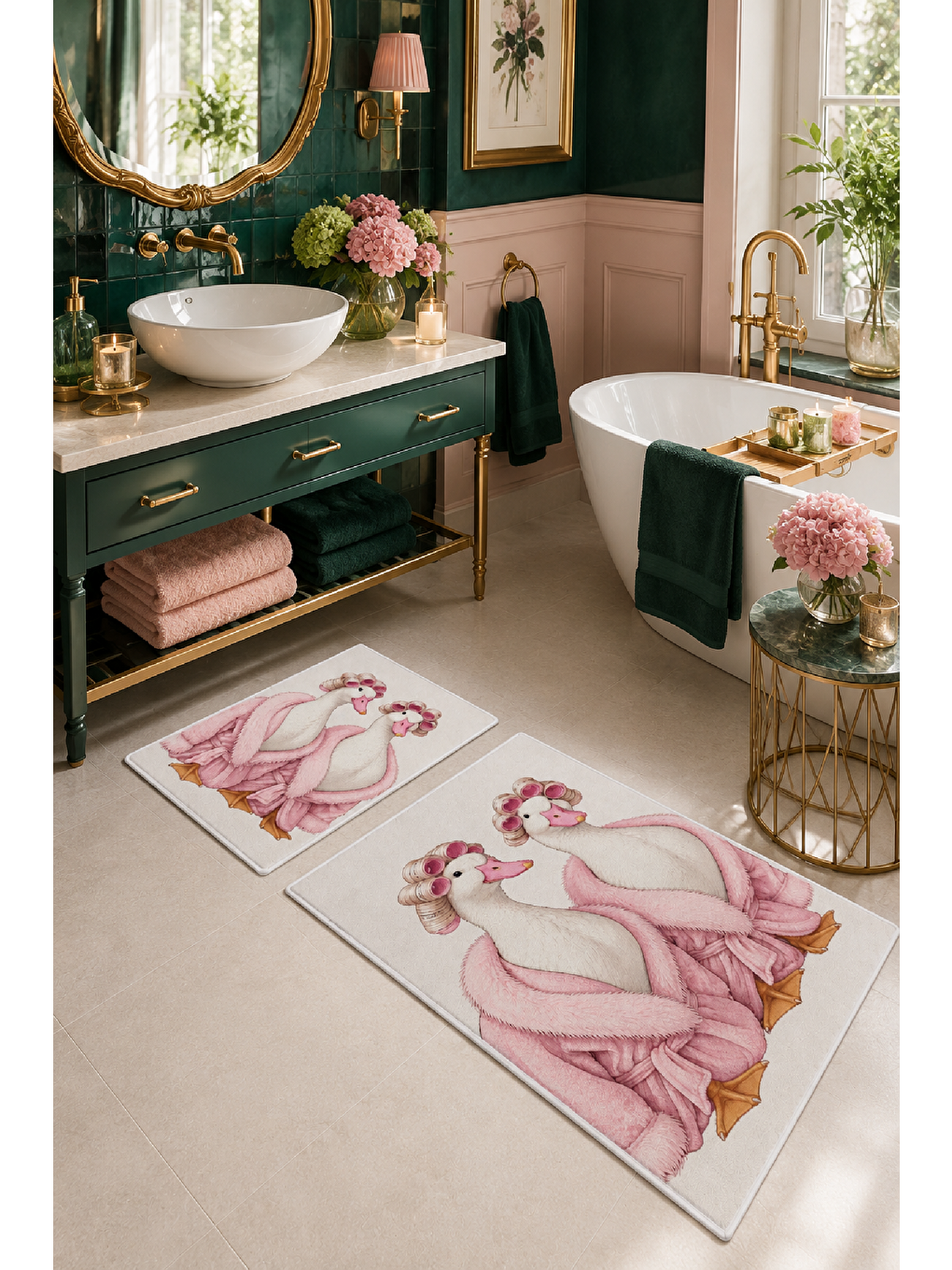 Beyaz Pembe Bornozlu Tavşan Desenli Banyo Paspası 2’li Set-3
