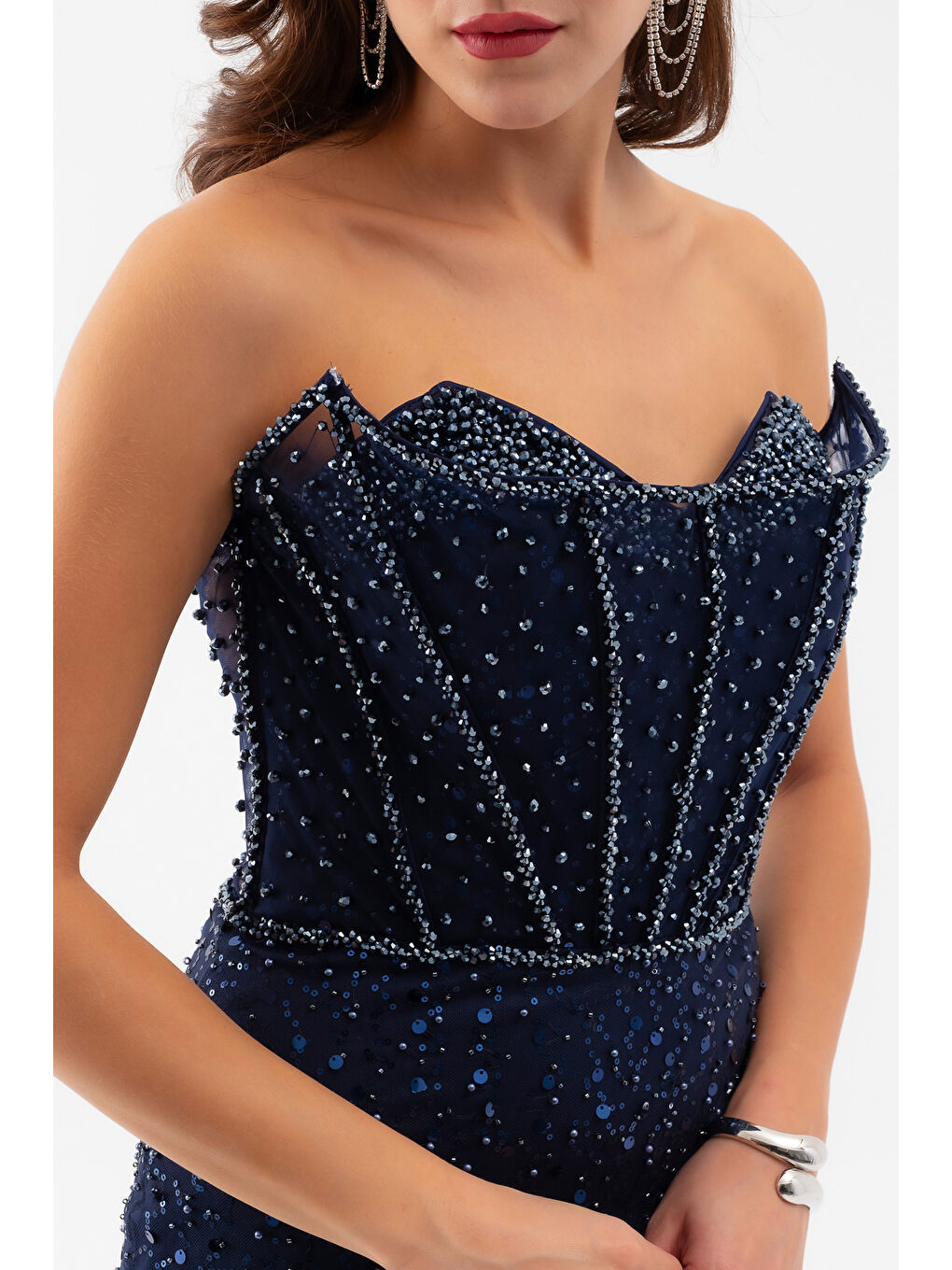 Kadın Lacivert Straplez Taşlı Balık Abiye Elbise-3