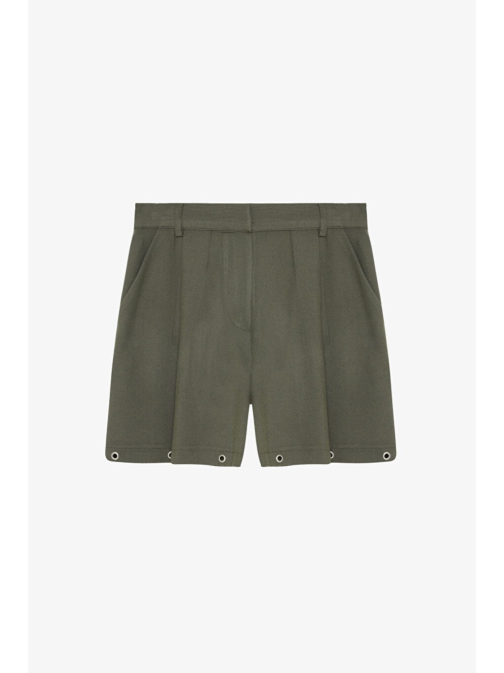 Kuş Gözü Aksesuarlı Önü Pileli Mini Şort Haki