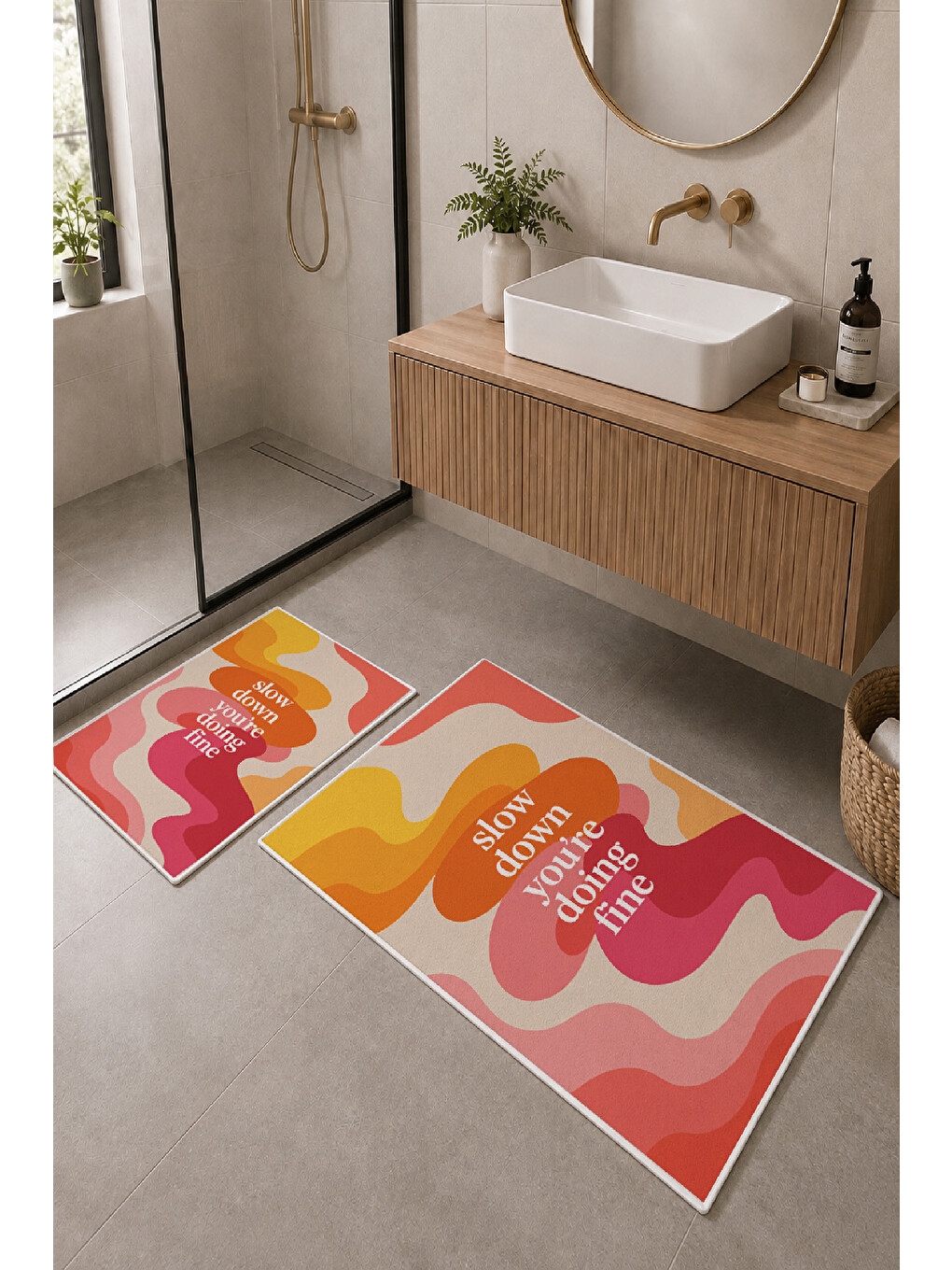 Pembe Turuncu Slow Down Yazılı Dalga Desenli Banyo Paspası 2’li Set-1