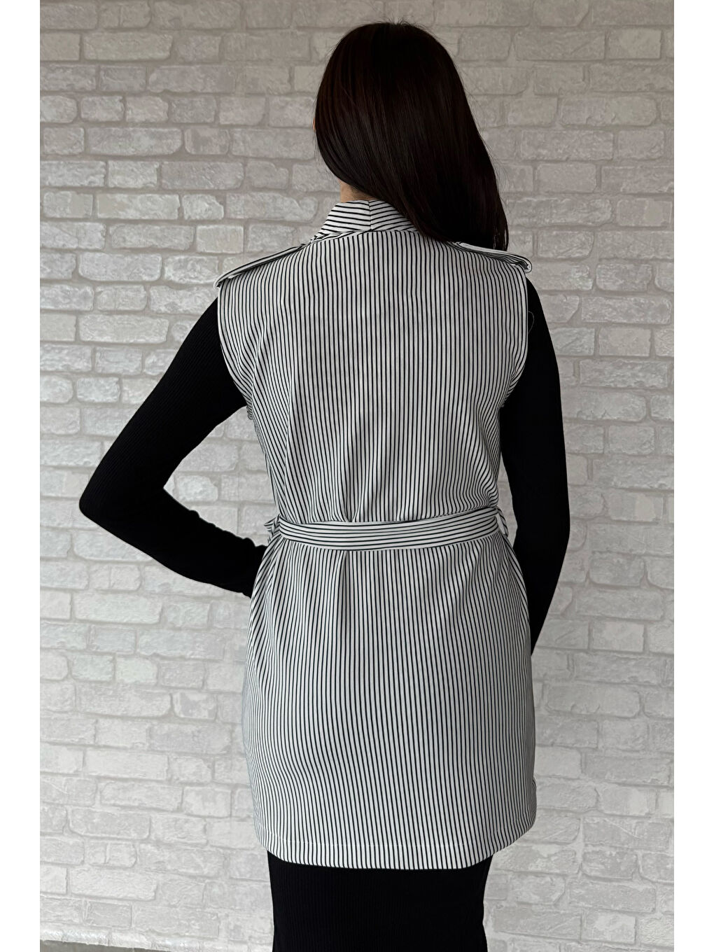 Beyaz Kadın Çizgili Omuz Apoletli Bel Kuşaklı Yelek-3