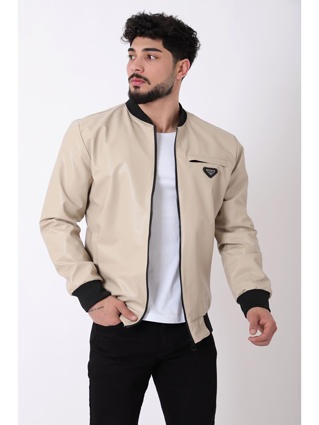 Ekru Kolej Yaka Bel Lastikli Suni Deri Mont PLDP 3000_50448