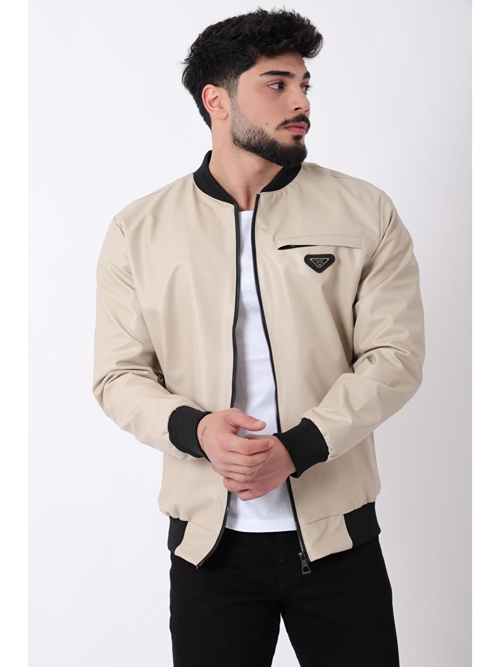 Ekru Kolej Yaka Bel Lastikli Suni Deri Mont PLDP 3000_50448-1