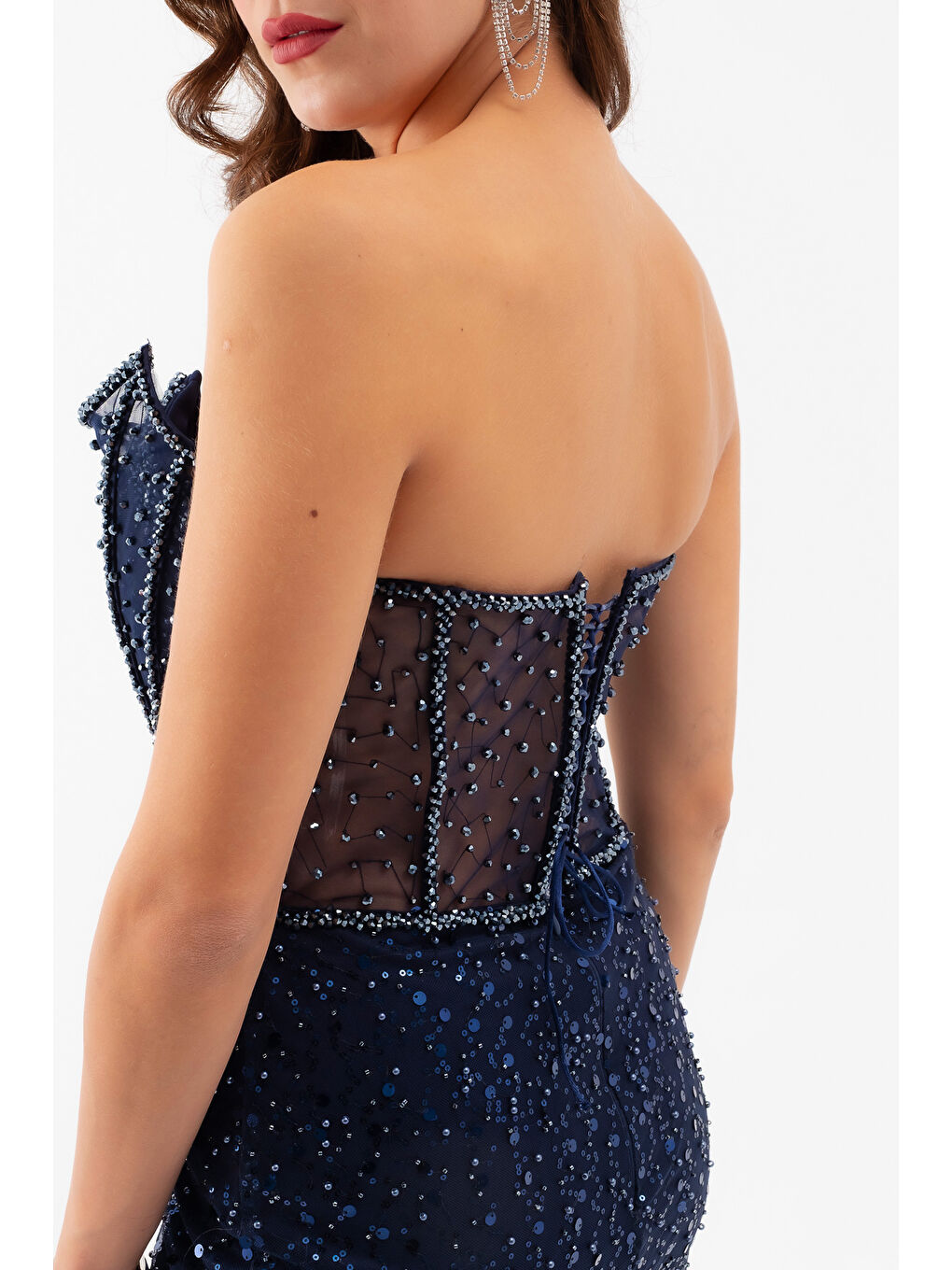 Kadın Lacivert Straplez Taşlı Balık Abiye Elbise-4