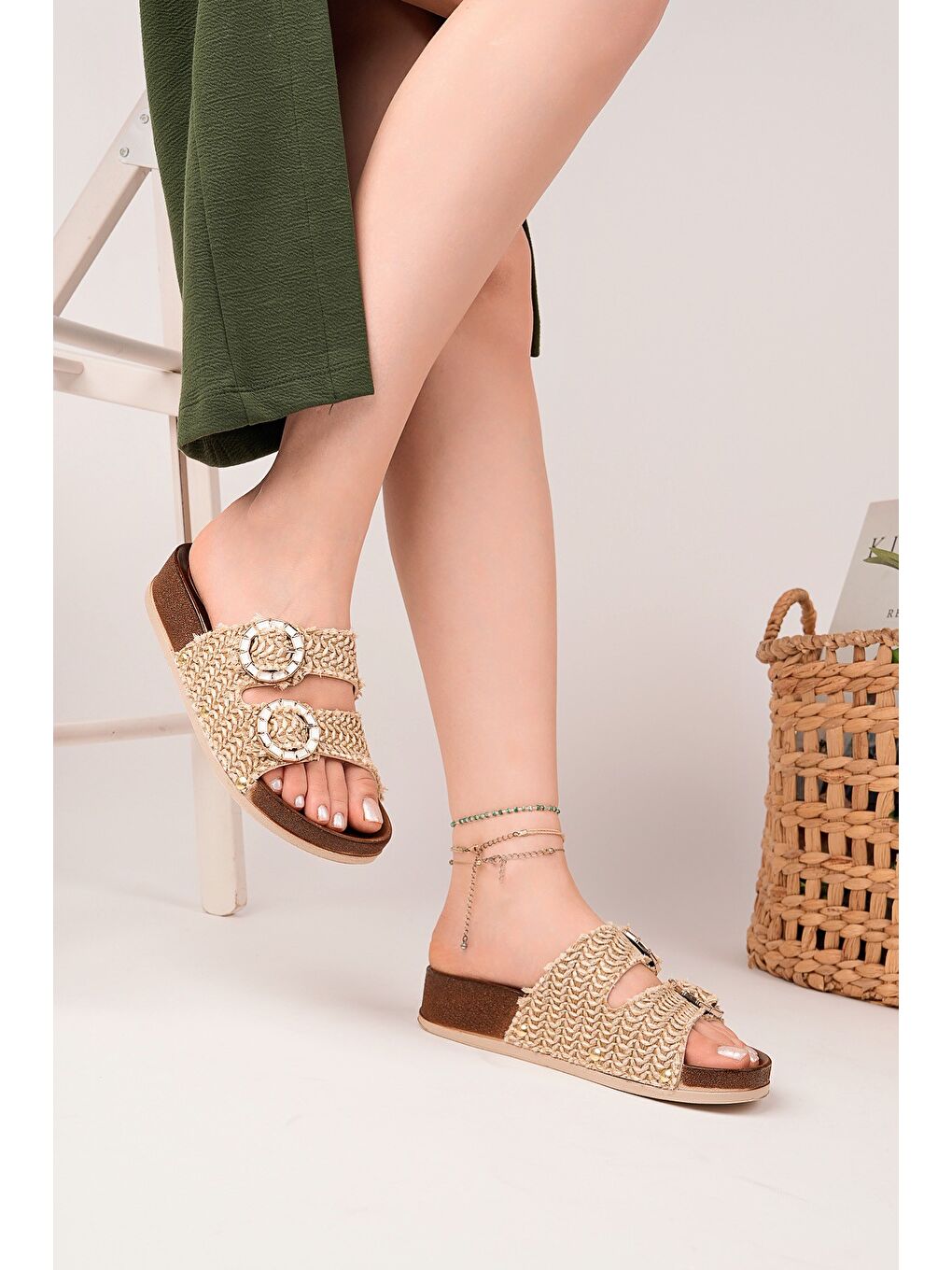 Bej BEFOR Desenli Çift Tokalı Günlük Kadın Terlik-3