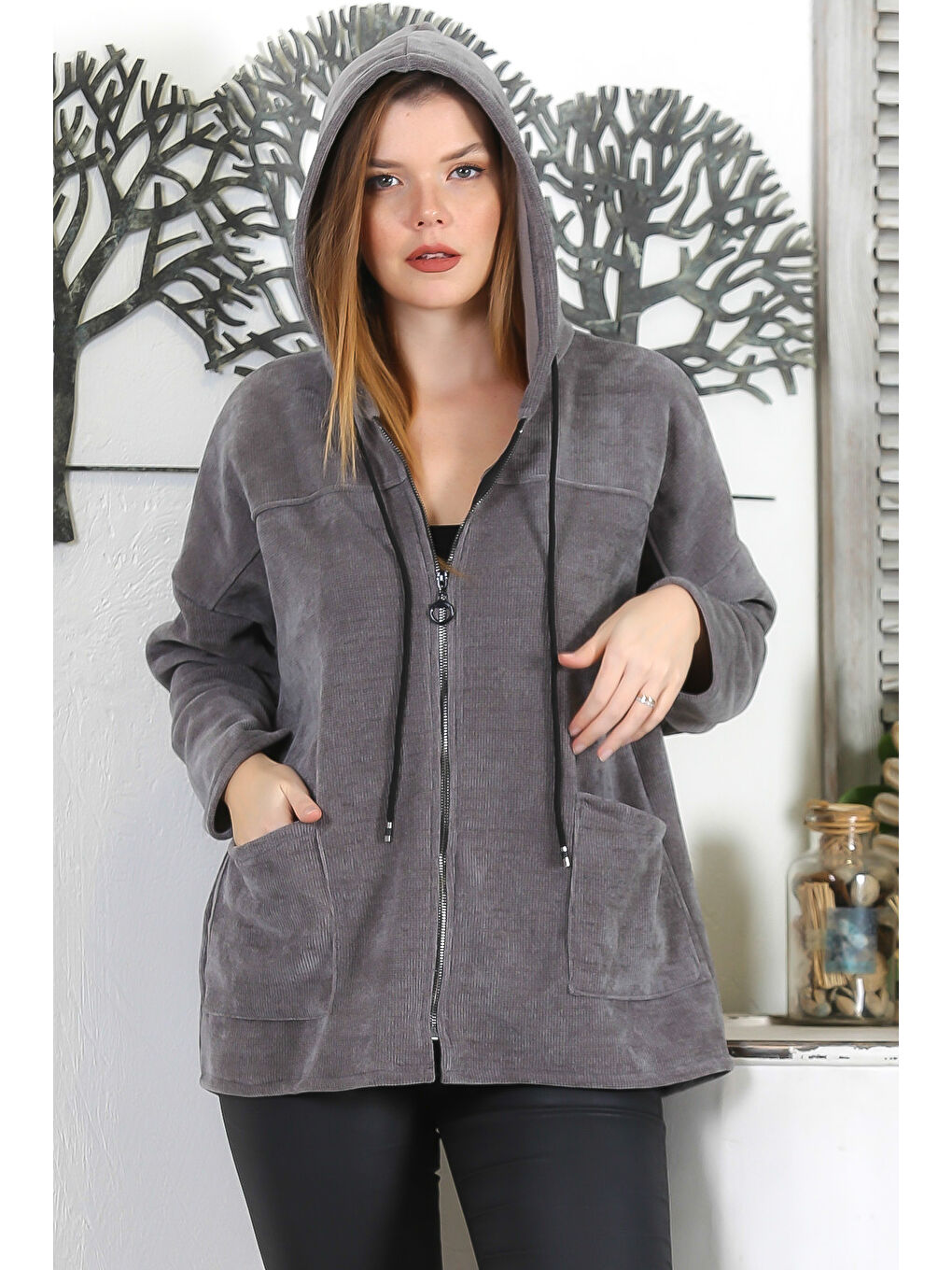İtalyan Gri Kapüşonlu Uzun Kol Fermuarlı Çift Cepli Casual Kadife Örme Kapüşonlu Ceket