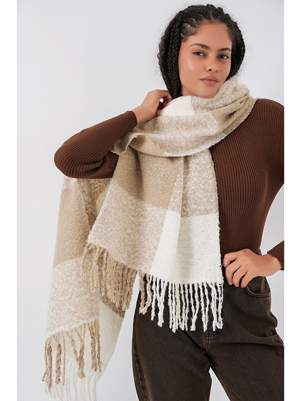 Bej Kadın Yumuşak Dokulu Kalın Şal Atkı 15951 - Vizon-5